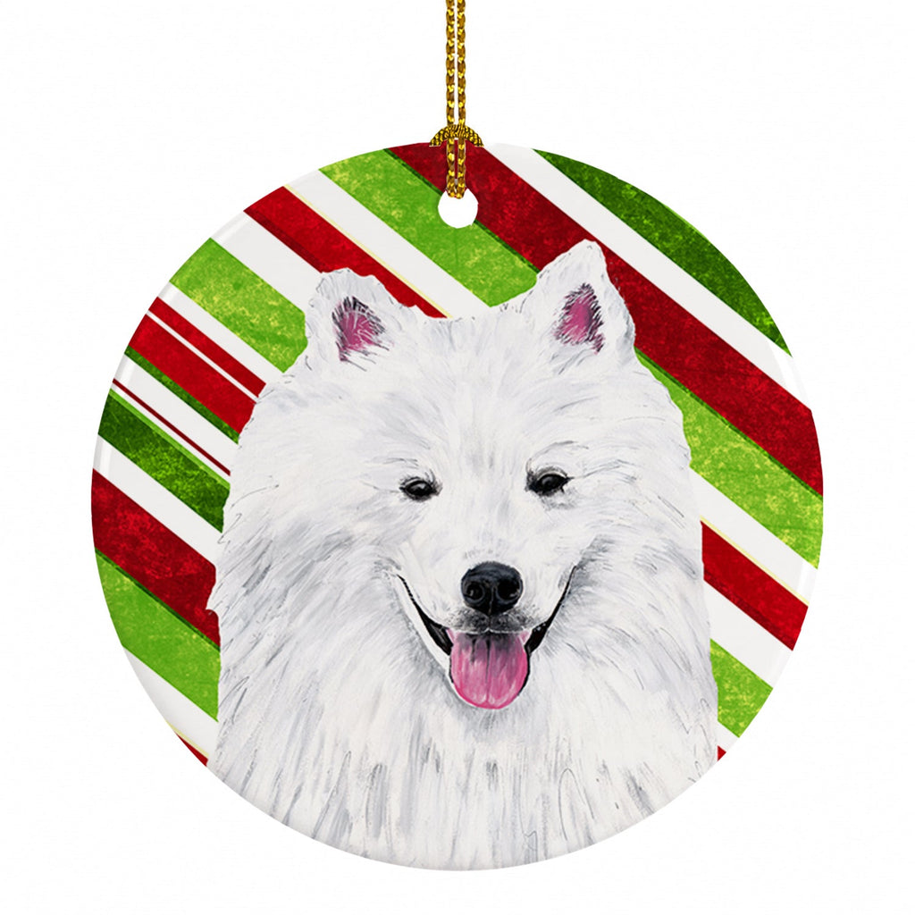 American Eskimo Candy Cane Holiday Christmas Ceramic Ornament Christmas Tree Hanging Decorations for Home Christmas Holiday, Party, Gift, 3 in, Multicolor