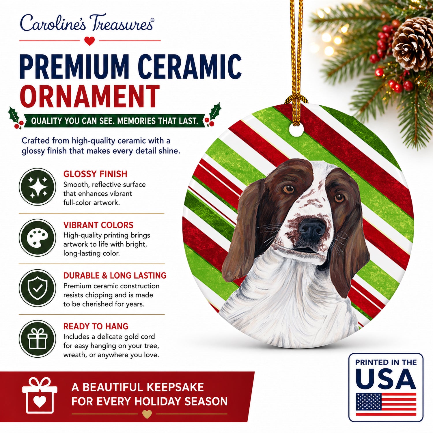 Welsh Springer Spaniel Candy Cane Holiday Christmas Ceramic Ornament Christmas Tree Hanging Decorations for Home Christmas Holiday, Party, Gift, 3 in, Multicolor