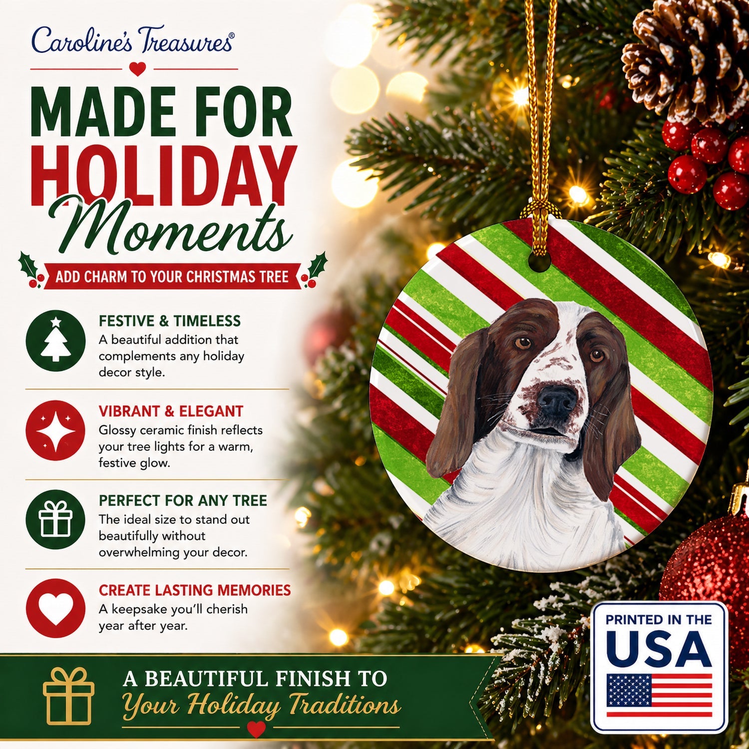Welsh Springer Spaniel Candy Cane Holiday Christmas Ceramic Ornament Christmas Tree Hanging Decorations for Home Christmas Holiday, Party, Gift, 3 in, Multicolor