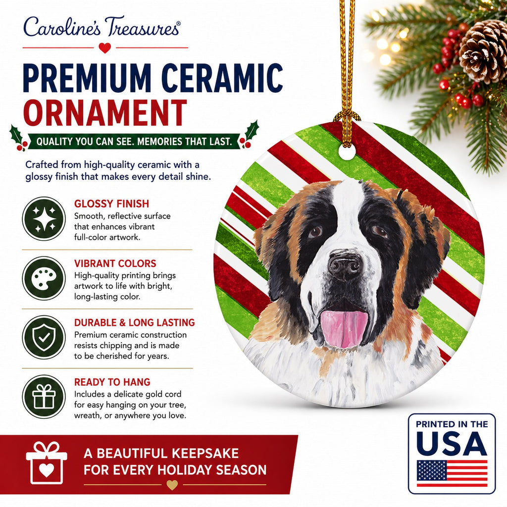 Saint Bernard Candy Cane Holiday Christmas Ceramic Ornament Christmas Tree Hanging Decorations for Home Christmas Holiday, Party, Gift, 3 in, Multicolor