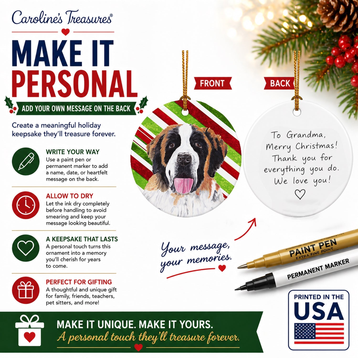 Saint Bernard Candy Cane Holiday Christmas Ceramic Ornament Christmas Tree Hanging Decorations for Home Christmas Holiday, Party, Gift, 3 in, Multicolor
