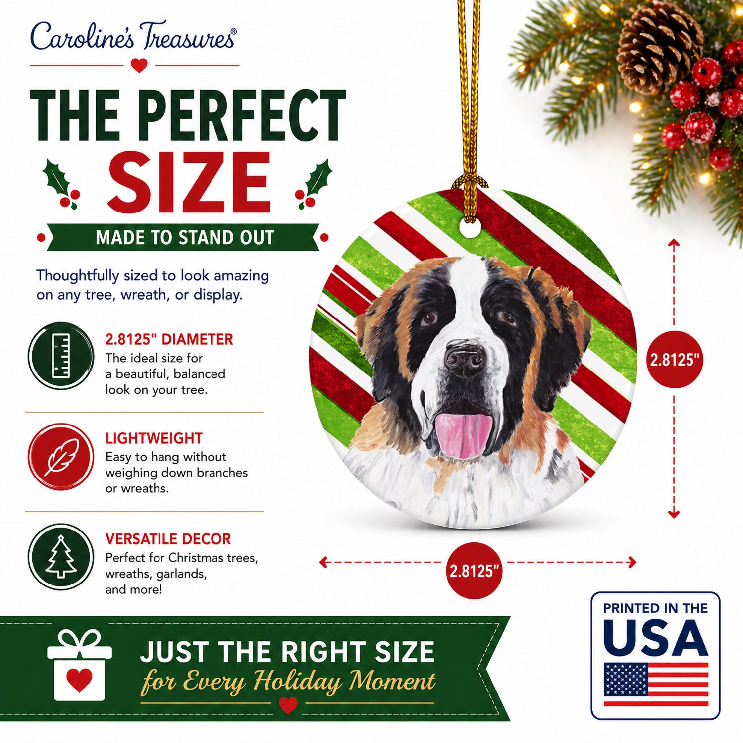 Saint Bernard Candy Cane Holiday Christmas Ceramic Ornament Christmas Tree Hanging Decorations for Home Christmas Holiday, Party, Gift, 3 in, Multicolor