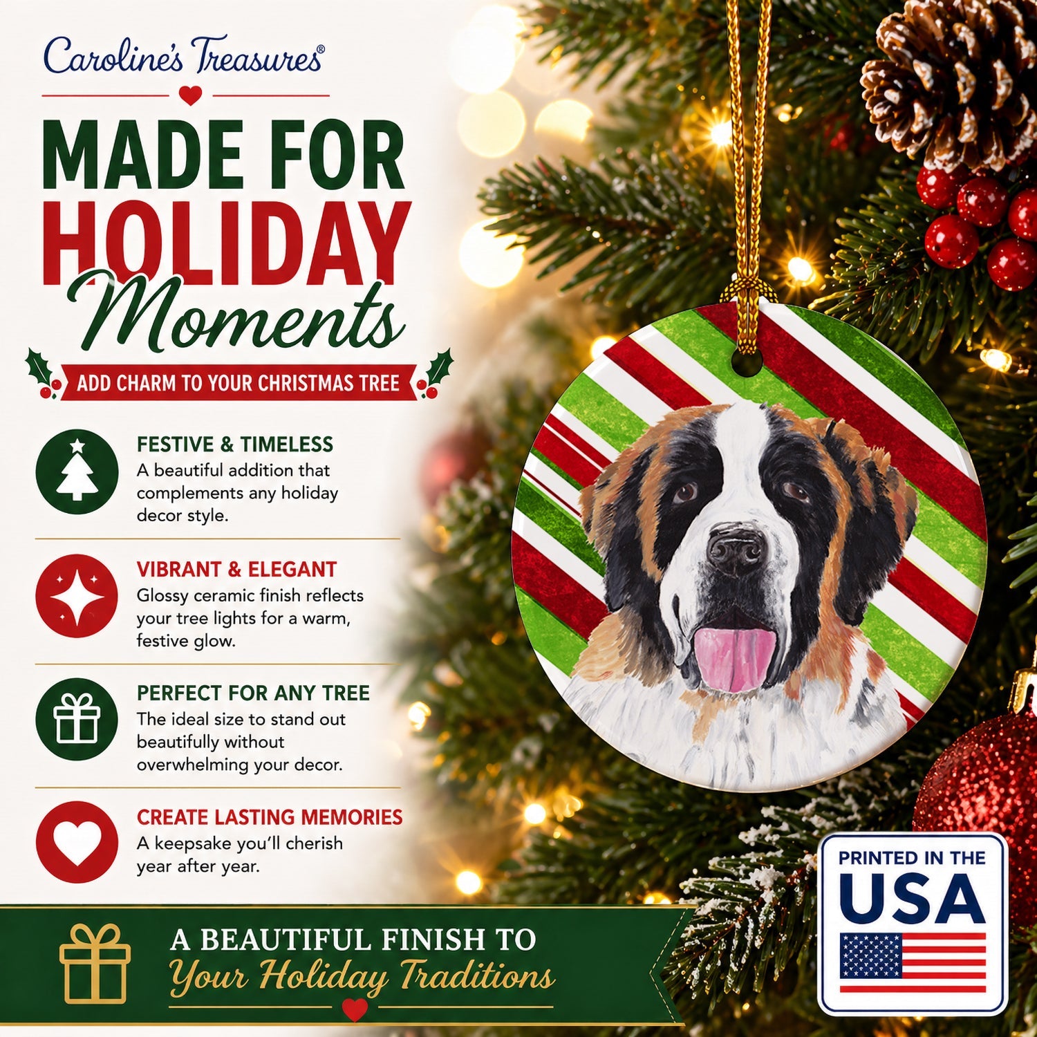Saint Bernard Candy Cane Holiday Christmas Ceramic Ornament Christmas Tree Hanging Decorations for Home Christmas Holiday, Party, Gift, 3 in, Multicolor
