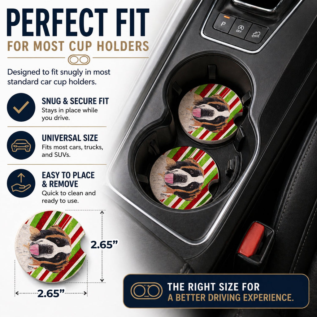 Saint Bernard Candy Cane Holiday Christmas Set of 2 Cup Holder Car Coasters Absorbent Round Sandstone Coasters Gifts for Men or Women, 2.5, Multicolor
