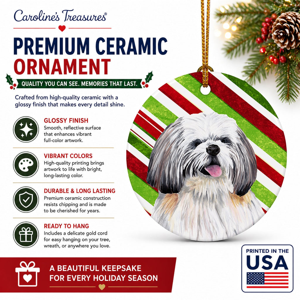 Shih Tzu Candy Cane Holiday Christmas Ceramic Ornament Christmas Tree Hanging Decorations for Home Christmas Holiday, Party, Gift, 3 in, Multicolor