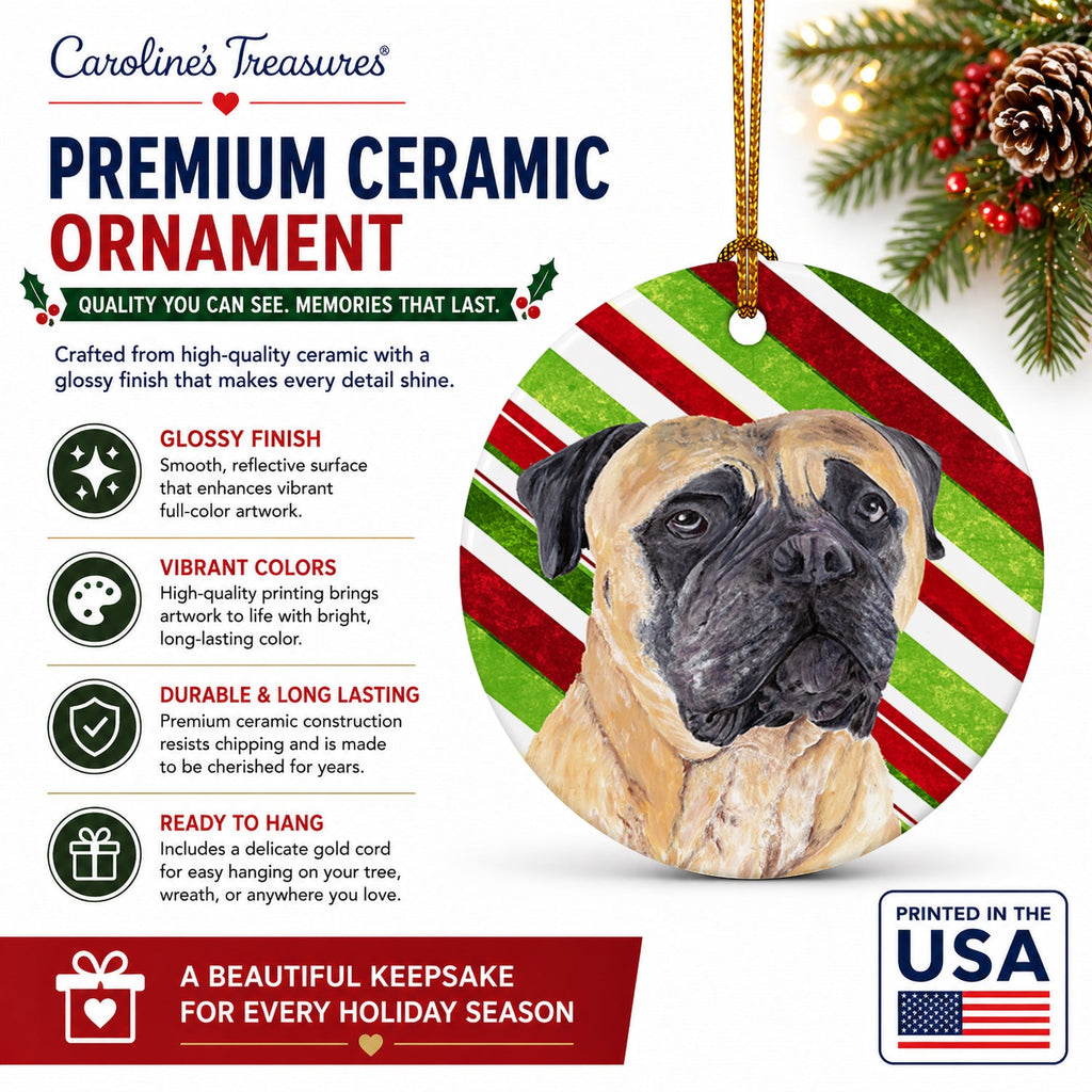 Mastiff Candy Cane Holiday Christmas Ceramic Ornament Christmas Tree Hanging Decorations for Home Christmas Holiday, Party, Gift, 3 in, Multicolor