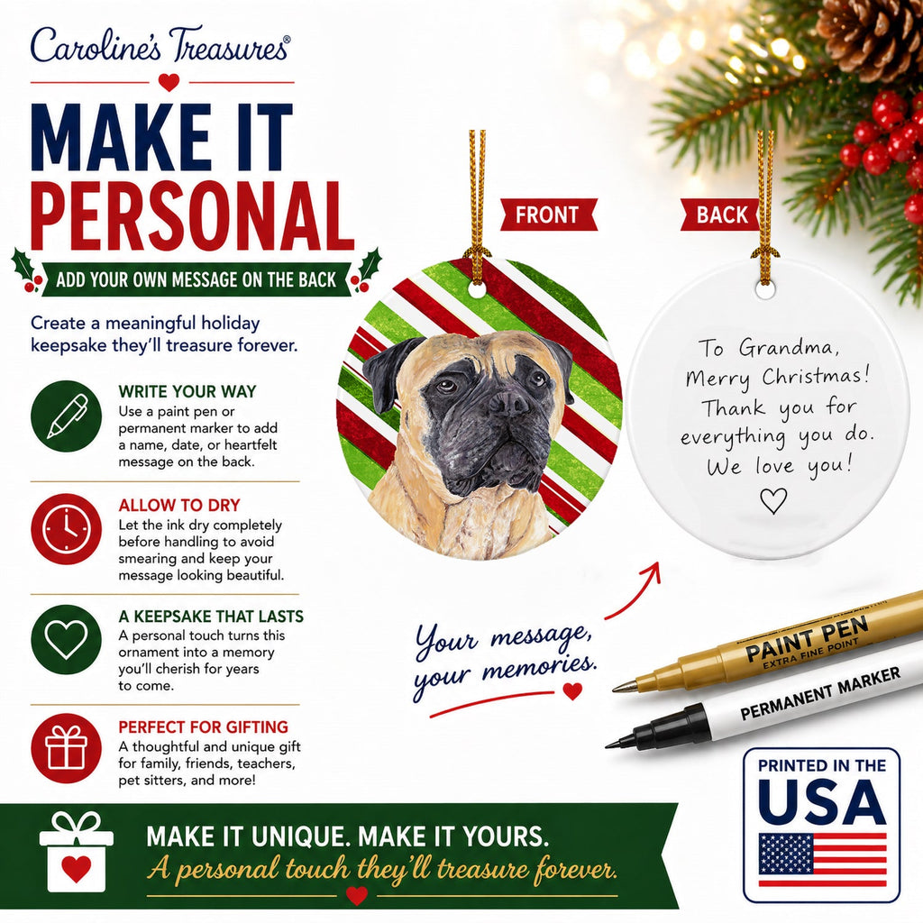 Mastiff Candy Cane Holiday Christmas Ceramic Ornament Christmas Tree Hanging Decorations for Home Christmas Holiday, Party, Gift, 3 in, Multicolor