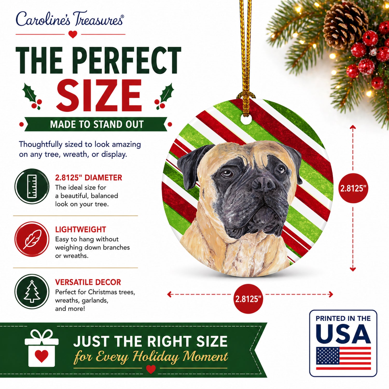 Mastiff Candy Cane Holiday Christmas Ceramic Ornament Christmas Tree Hanging Decorations for Home Christmas Holiday, Party, Gift, 3 in, Multicolor