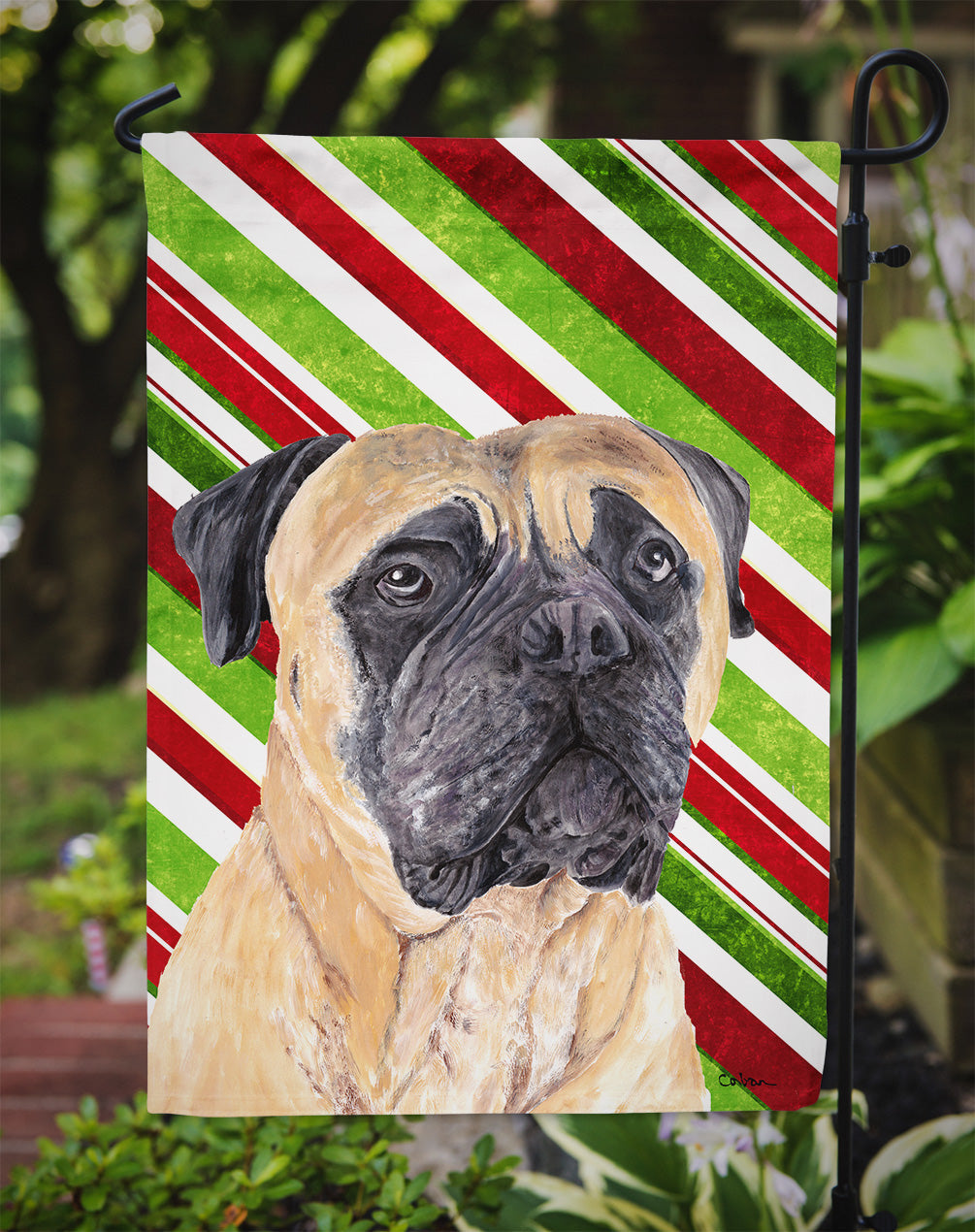 Mastiff Candy Cane Holiday Christmas Garden Flag Mailbox Decorative Yard Banner Outside Patio Artwork for Flower Beds, Garden Size, Multicolor