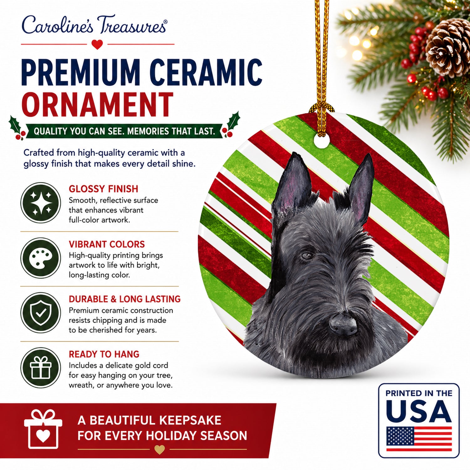 Scottish Terrier Candy Cane Holiday Christmas Ceramic Ornament Christmas Tree Hanging Decorations for Home Christmas Holiday, Party, Gift, 3 in, Multicolor