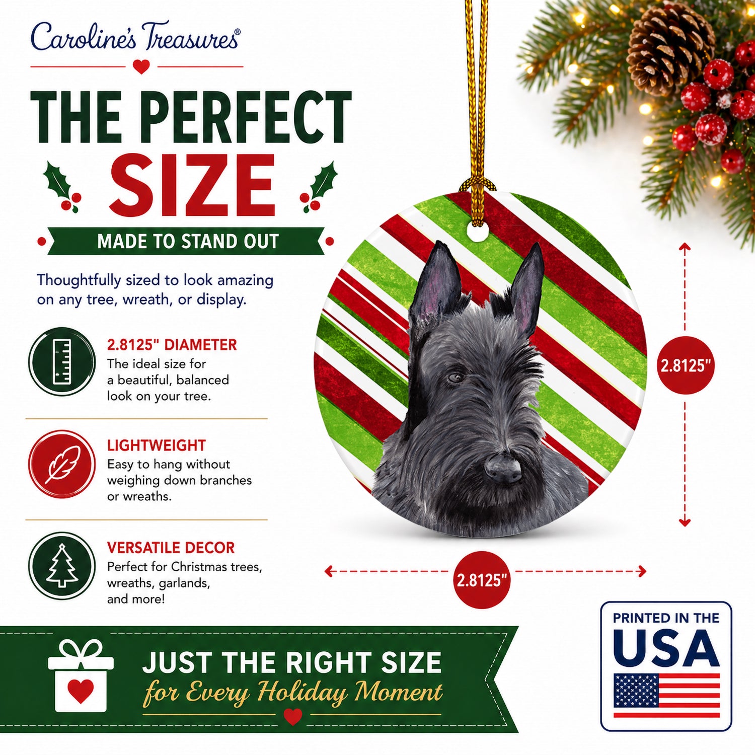 Scottish Terrier Candy Cane Holiday Christmas Ceramic Ornament Christmas Tree Hanging Decorations for Home Christmas Holiday, Party, Gift, 3 in, Multicolor