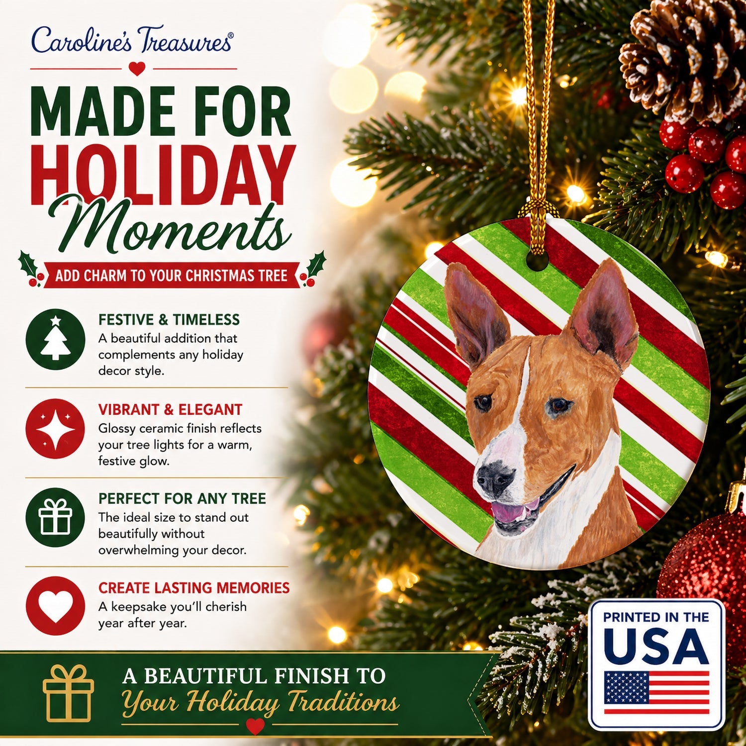 Basenji Candy Cane Holiday Christmas Ceramic Ornament Christmas Tree Hanging Decorations for Home Christmas Holiday, Party, Gift, 3 in, Multicolor