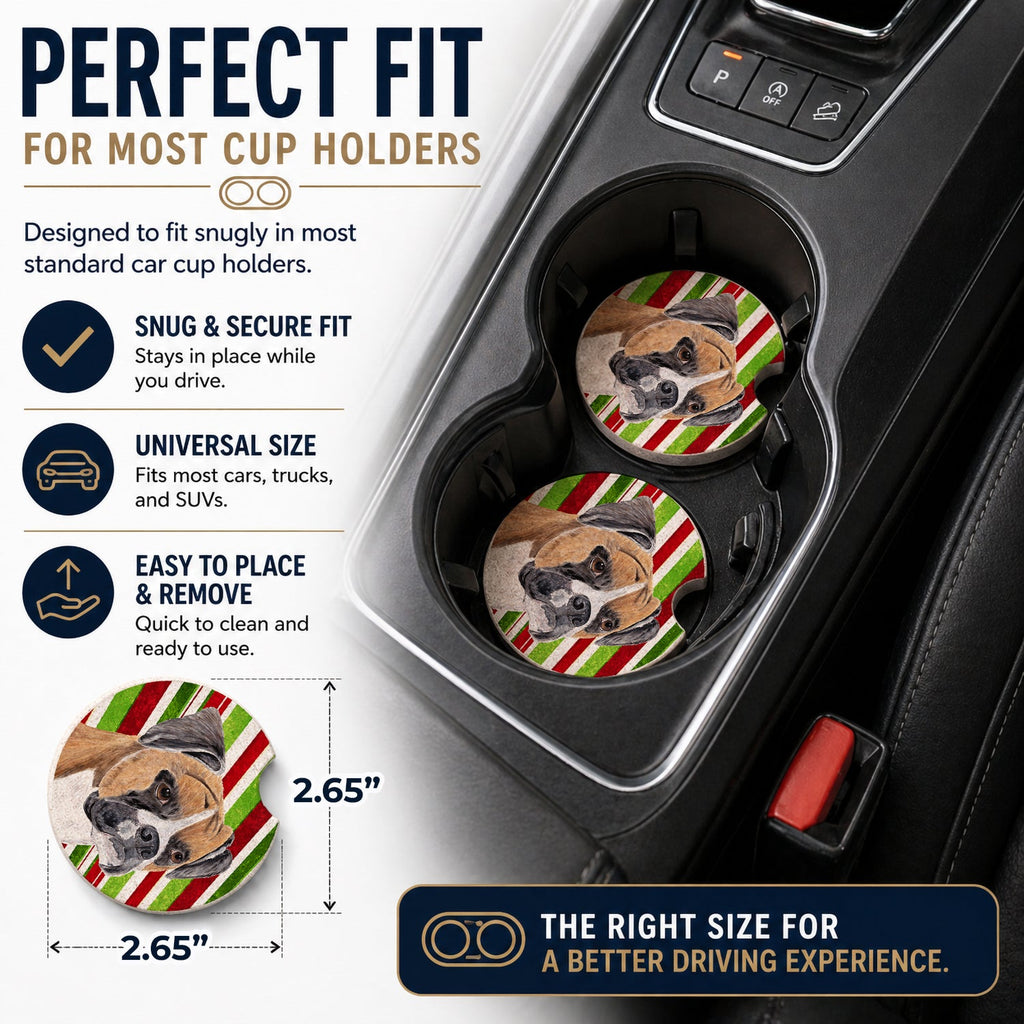 Boxer Candy Cane Holiday Christmas Set of 2 Cup Holder Car Coasters Absorbent Round Sandstone Coasters Gifts for Men or Women, 2.5, Multicolor