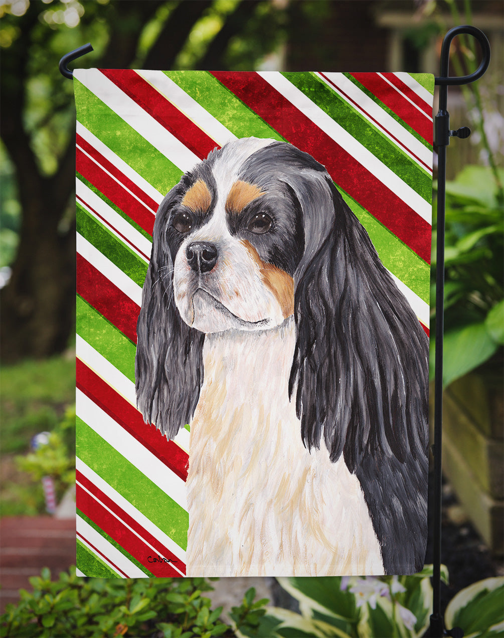 Cavalier Spaniel Candy Cane Holiday Christmas Garden Flag Mailbox Decorative Yard Banner Outside Patio Artwork for Flower Beds, Garden Size, Multicolor