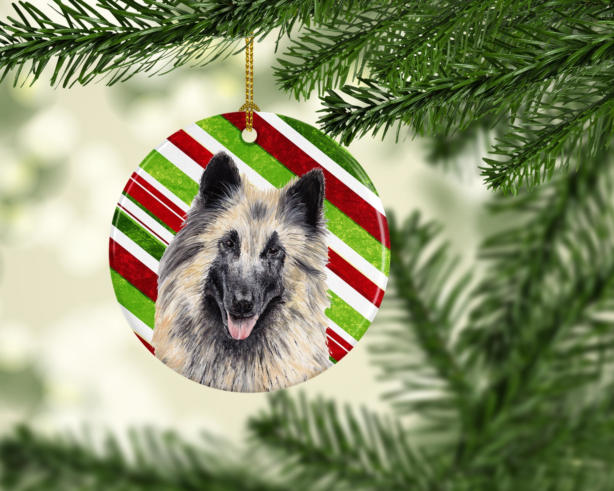Belgian Tervuren Candy Cane Holiday Christmas Ceramic Ornament Christmas Tree Hanging Decorations for Home Christmas Holiday, Party, Gift, 3 in, Multicolor