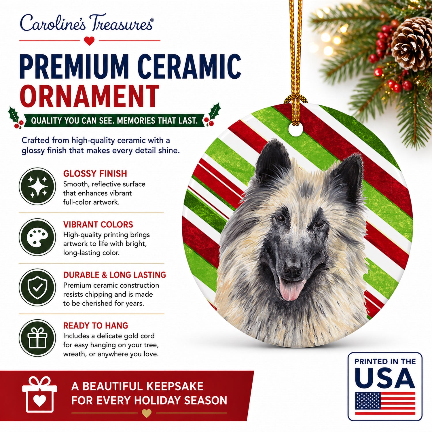 Belgian Tervuren Candy Cane Holiday Christmas Ceramic Ornament Christmas Tree Hanging Decorations for Home Christmas Holiday, Party, Gift, 3 in, Multicolor