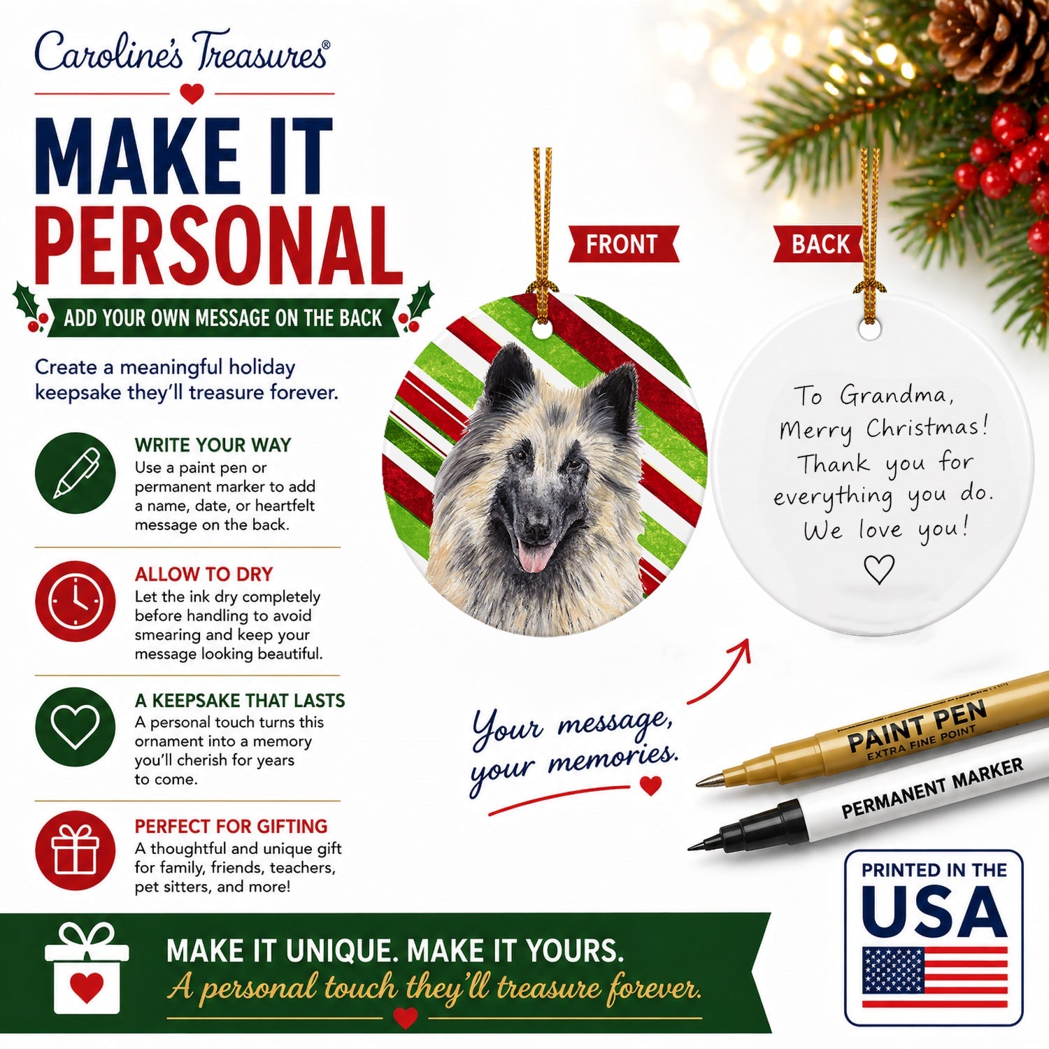 Belgian Tervuren Candy Cane Holiday Christmas Ceramic Ornament Christmas Tree Hanging Decorations for Home Christmas Holiday, Party, Gift, 3 in, Multicolor
