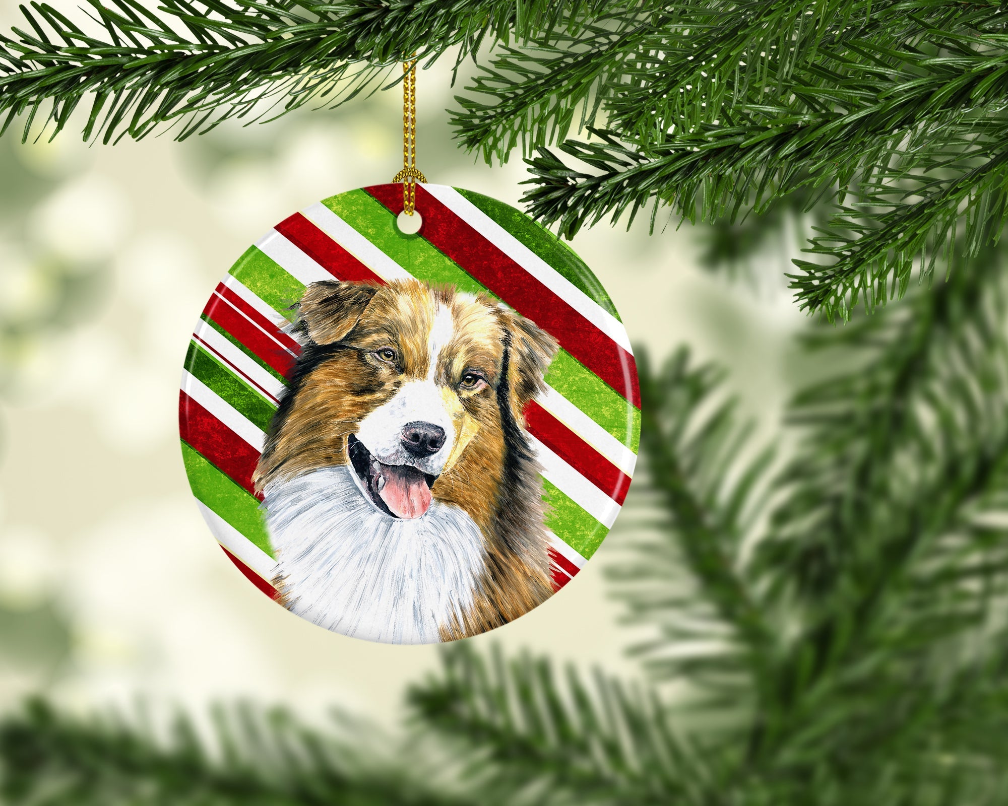 Australian Shepherd Candy Cane Holiday Christmas Ceramic Ornament Christmas Tree Hanging Decorations for Home Christmas Holiday, Party, Gift, 3 in, Multicolor