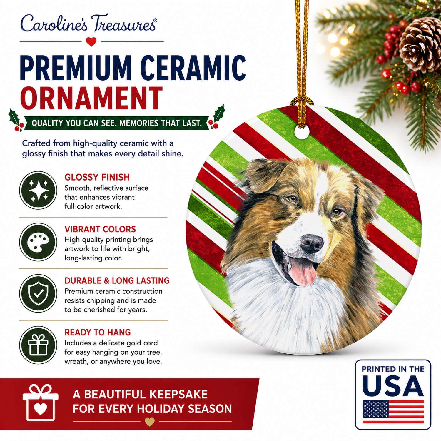 Australian Shepherd Candy Cane Holiday Christmas Ceramic Ornament Christmas Tree Hanging Decorations for Home Christmas Holiday, Party, Gift, 3 in, Multicolor
