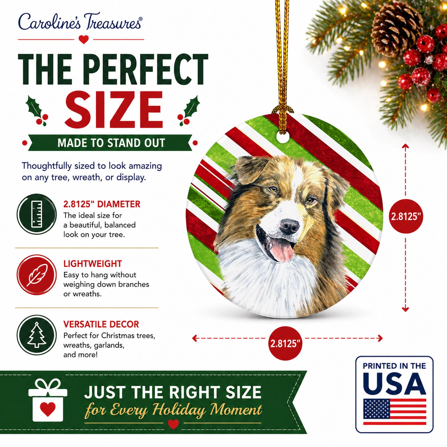 Australian Shepherd Candy Cane Holiday Christmas Ceramic Ornament Christmas Tree Hanging Decorations for Home Christmas Holiday, Party, Gift, 3 in, Multicolor