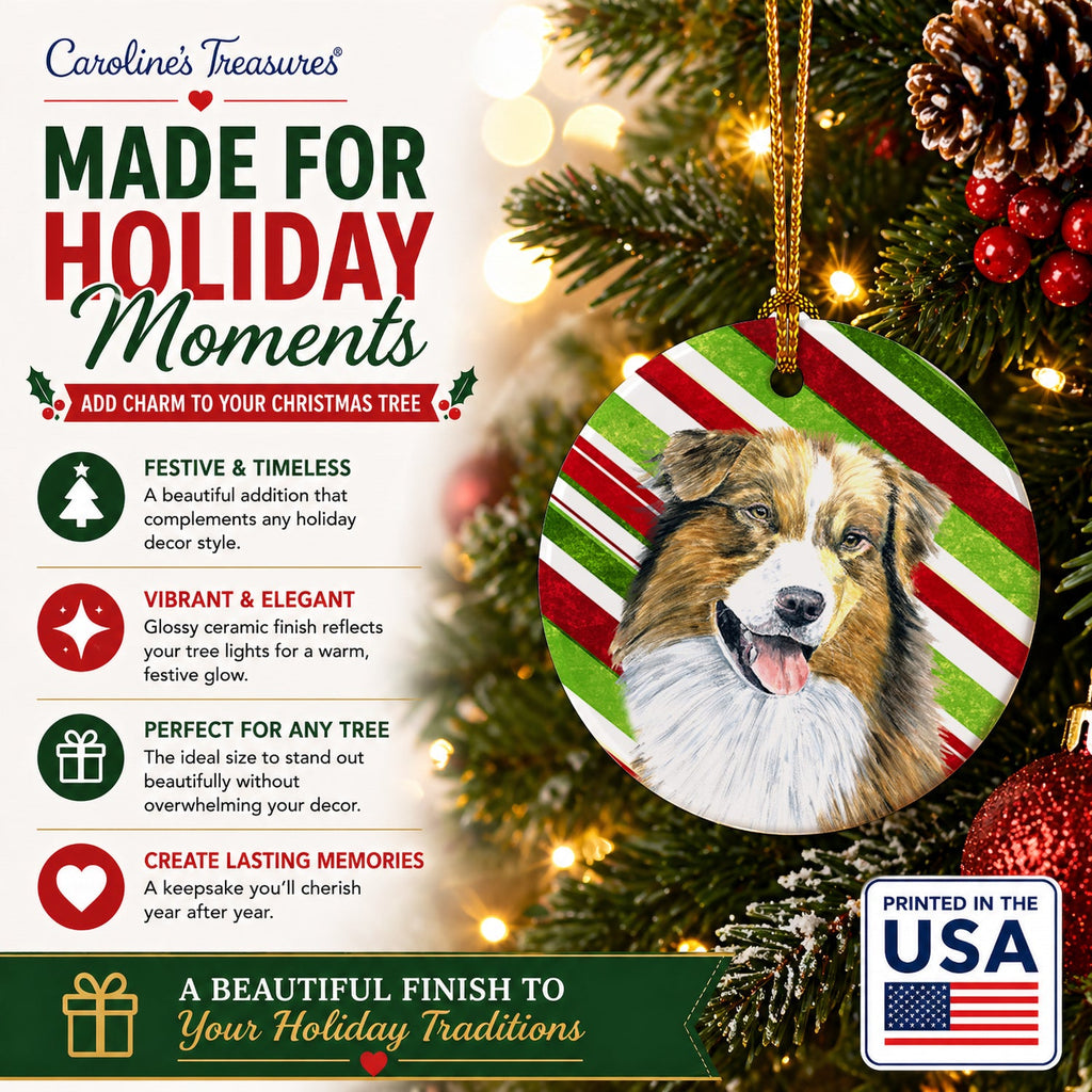Australian Shepherd Candy Cane Holiday Christmas Ceramic Ornament Christmas Tree Hanging Decorations for Home Christmas Holiday, Party, Gift, 3 in, Multicolor