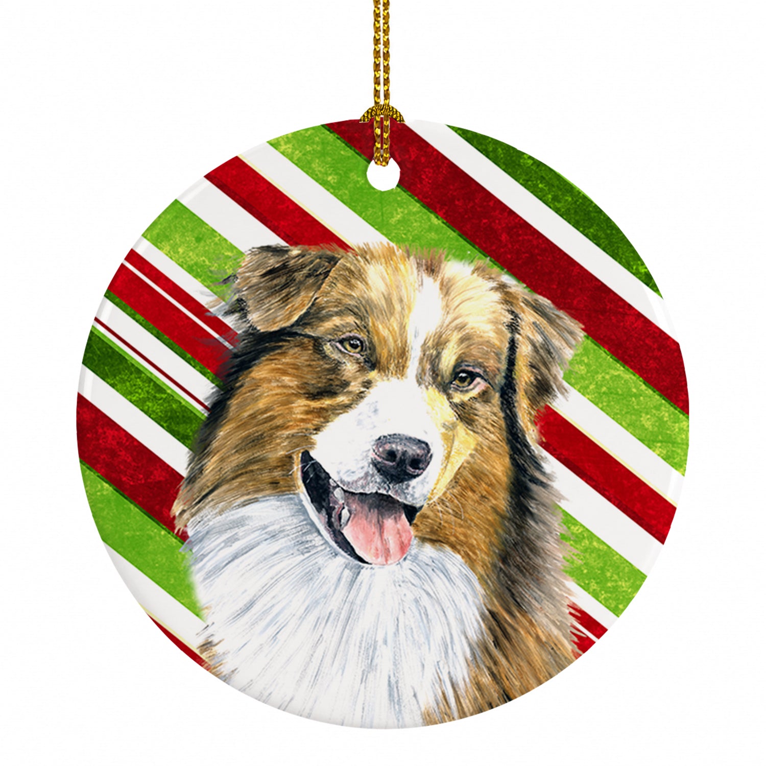 Australian Shepherd Candy Cane Holiday Christmas Ceramic Ornament Christmas Tree Hanging Decorations for Home Christmas Holiday, Party, Gift, 3 in, Multicolor