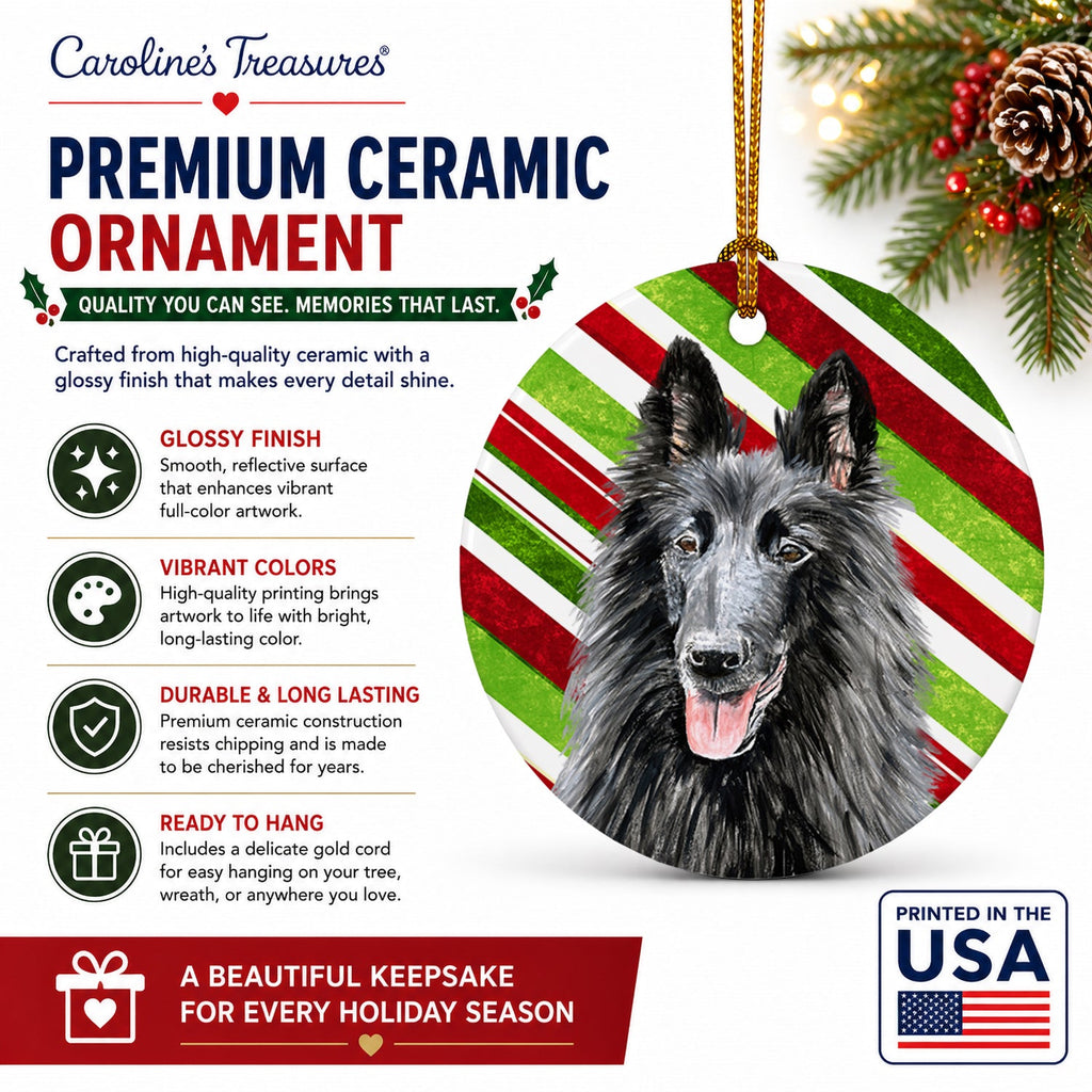 Belgian Sheepdog Candy Cane Holiday Christmas Ceramic Ornament Christmas Tree Hanging Decorations for Home Christmas Holiday, Party, Gift, 3 in, Multicolor