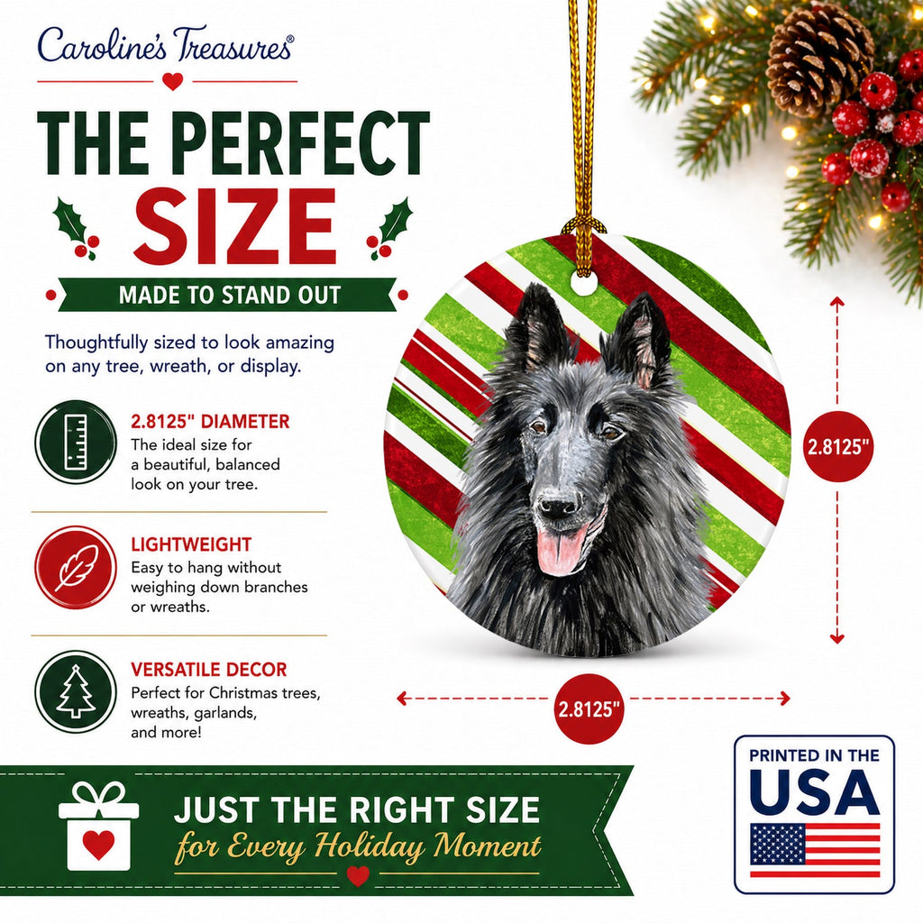 Belgian Sheepdog Candy Cane Holiday Christmas Ceramic Ornament Christmas Tree Hanging Decorations for Home Christmas Holiday, Party, Gift, 3 in, Multicolor