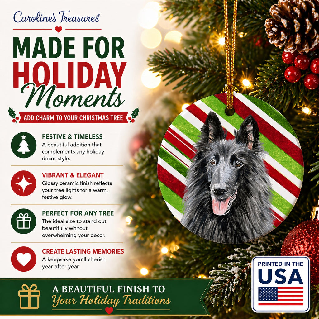 Belgian Sheepdog Candy Cane Holiday Christmas Ceramic Ornament Christmas Tree Hanging Decorations for Home Christmas Holiday, Party, Gift, 3 in, Multicolor