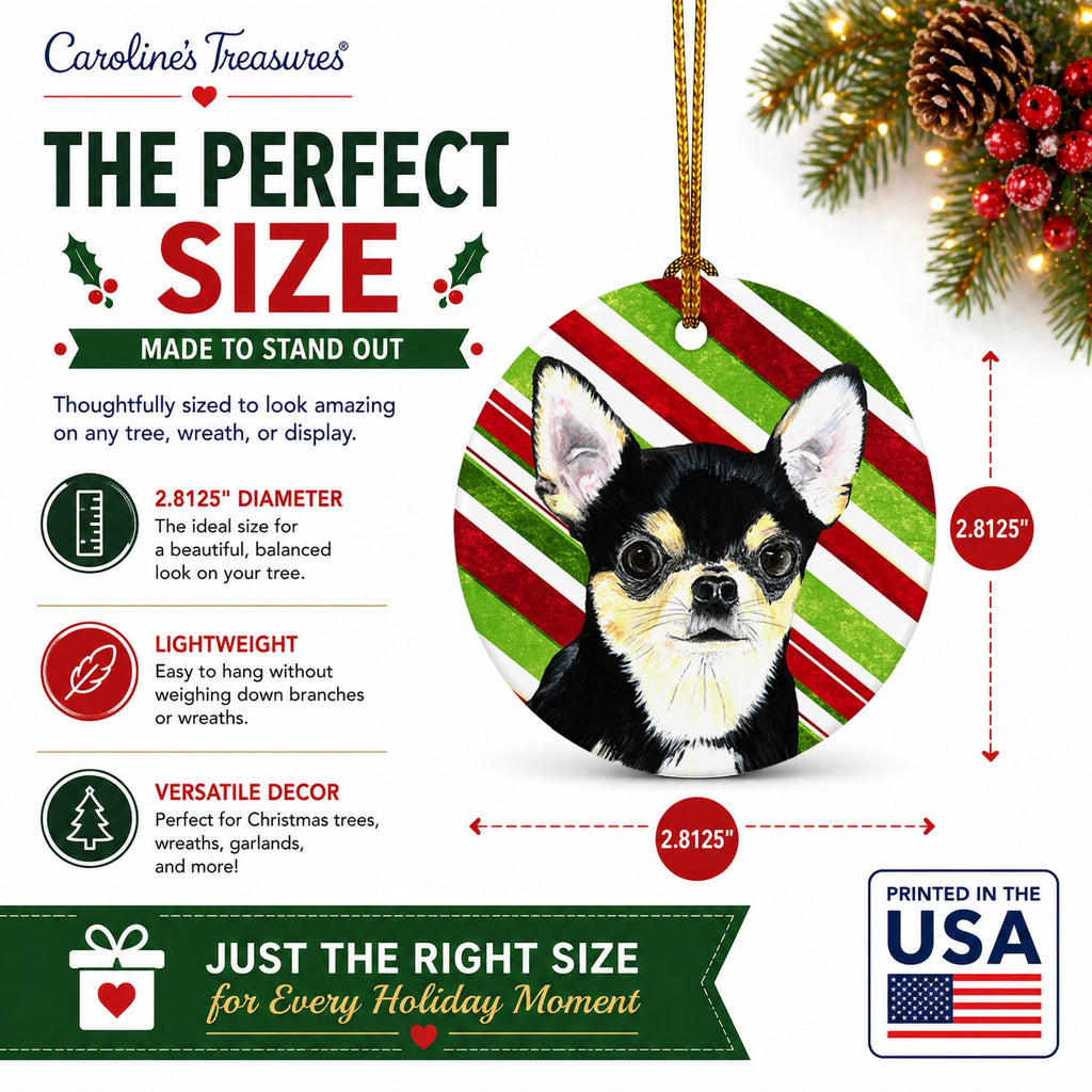 Chihuahua Candy Cane Holiday Christmas Ceramic Ornament Christmas Tree Hanging Decorations for Home Christmas Holiday, Party, Gift, 3 in, Multicolor