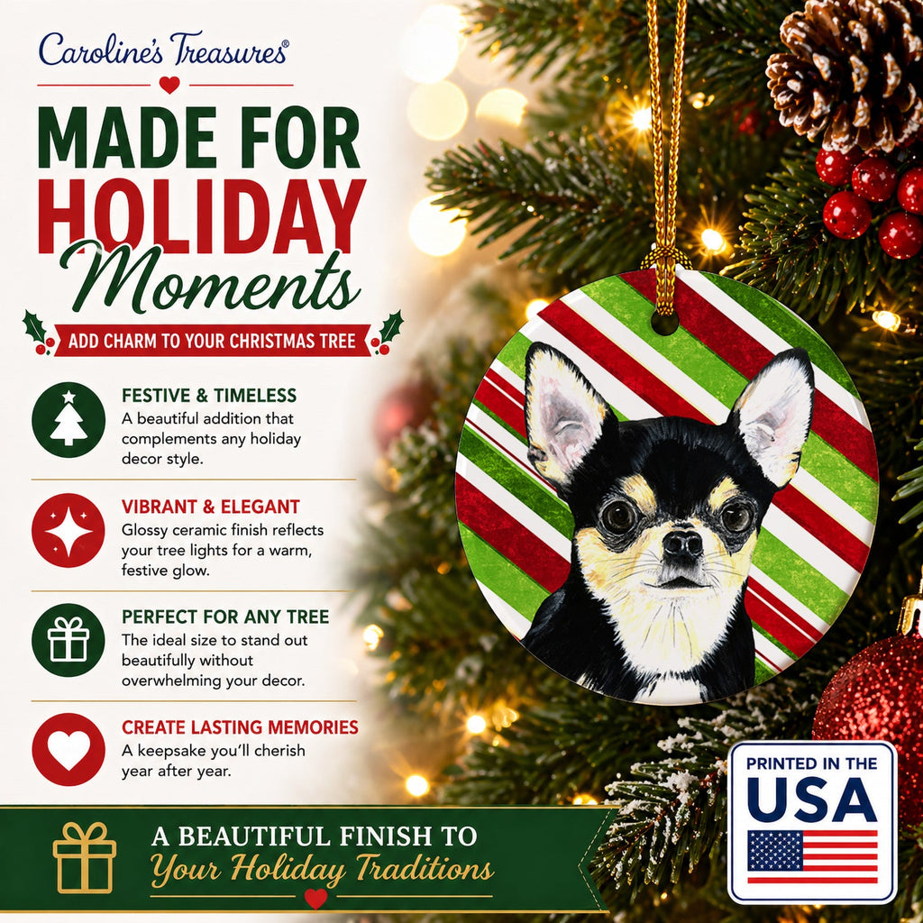 Chihuahua Candy Cane Holiday Christmas Ceramic Ornament Christmas Tree Hanging Decorations for Home Christmas Holiday, Party, Gift, 3 in, Multicolor