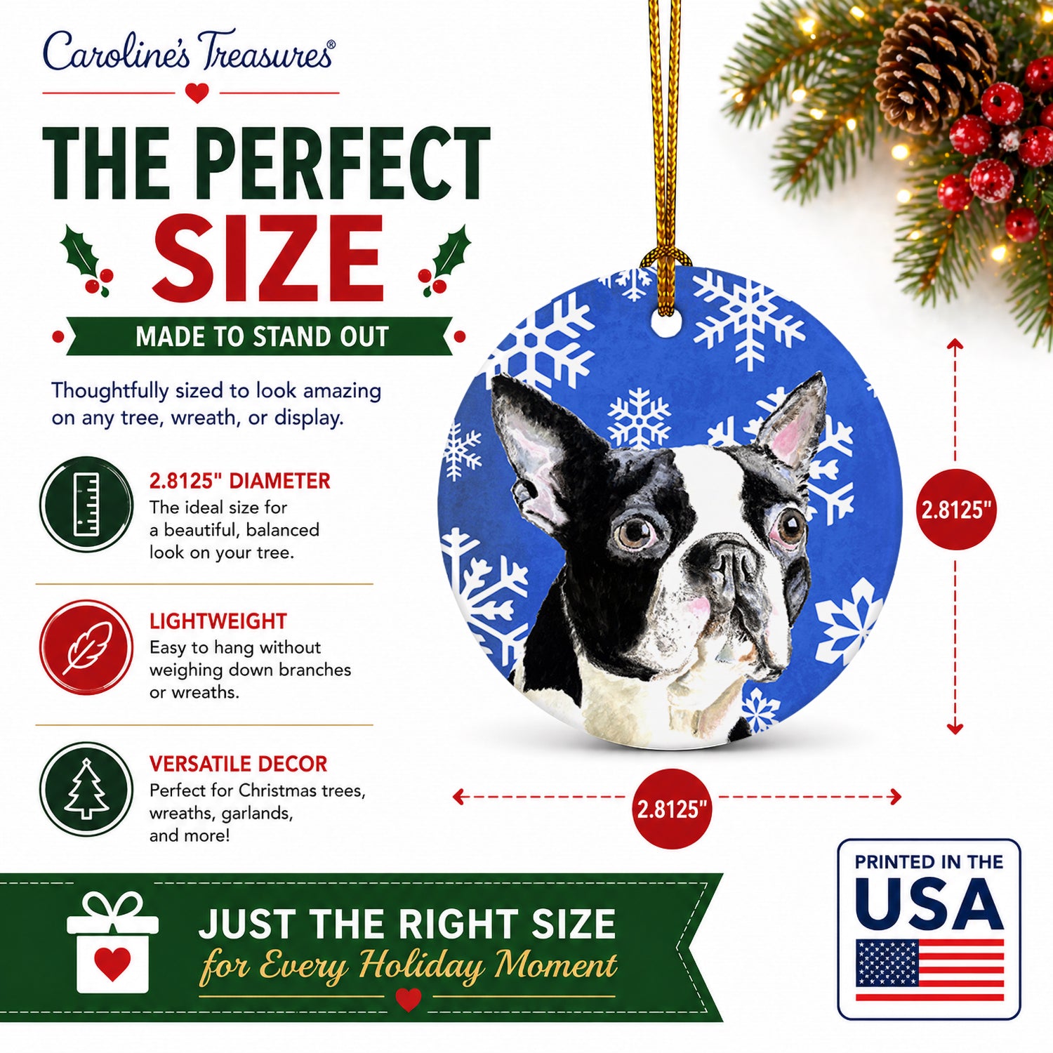 Boston Terrier Winter Snowflakes Holiday Ceramic Ornament Christmas Tree Hanging Decorations for Home Christmas Holiday, Party, Gift, 3 in, Multicolor