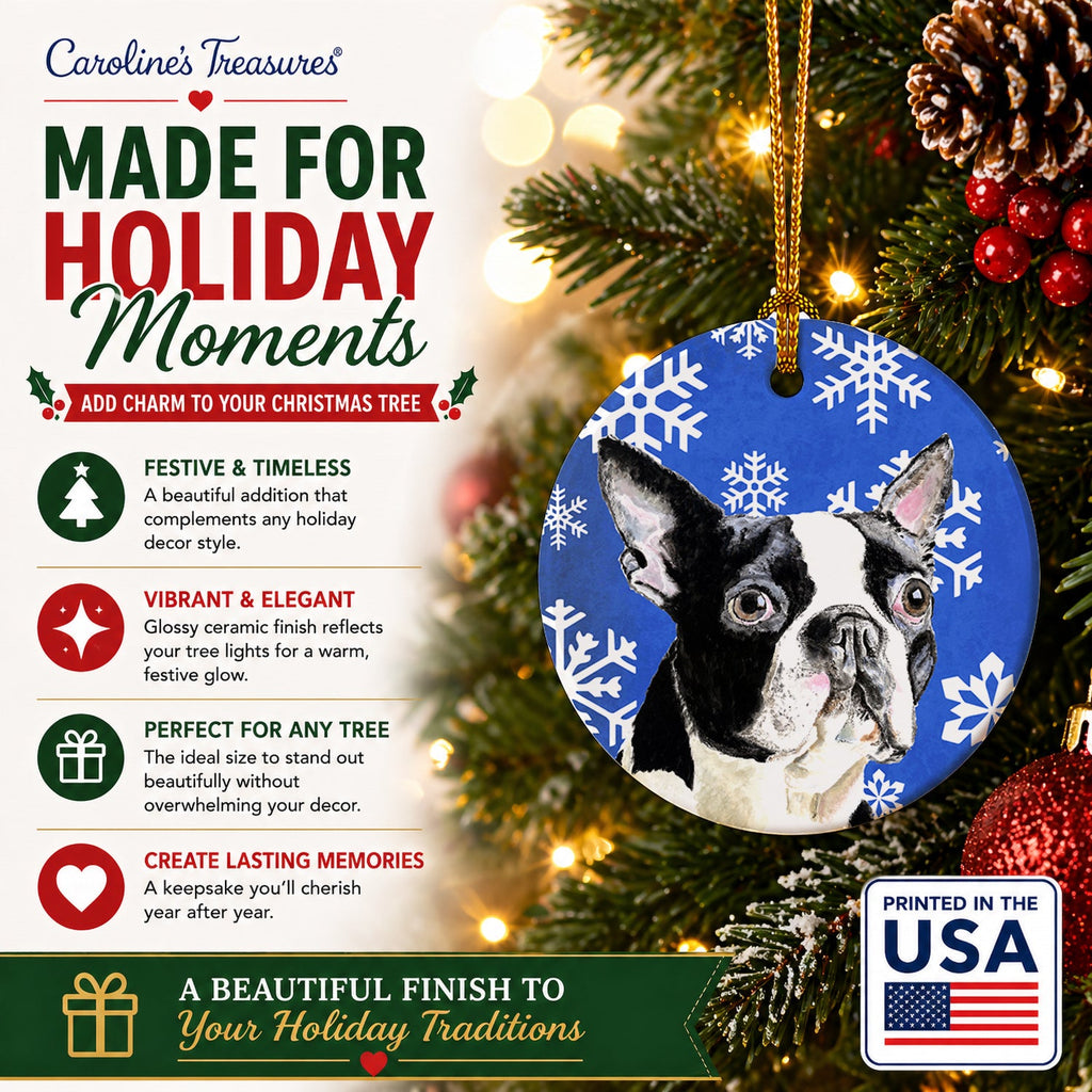 Boston Terrier Winter Snowflakes Holiday Ceramic Ornament Christmas Tree Hanging Decorations for Home Christmas Holiday, Party, Gift, 3 in, Multicolor