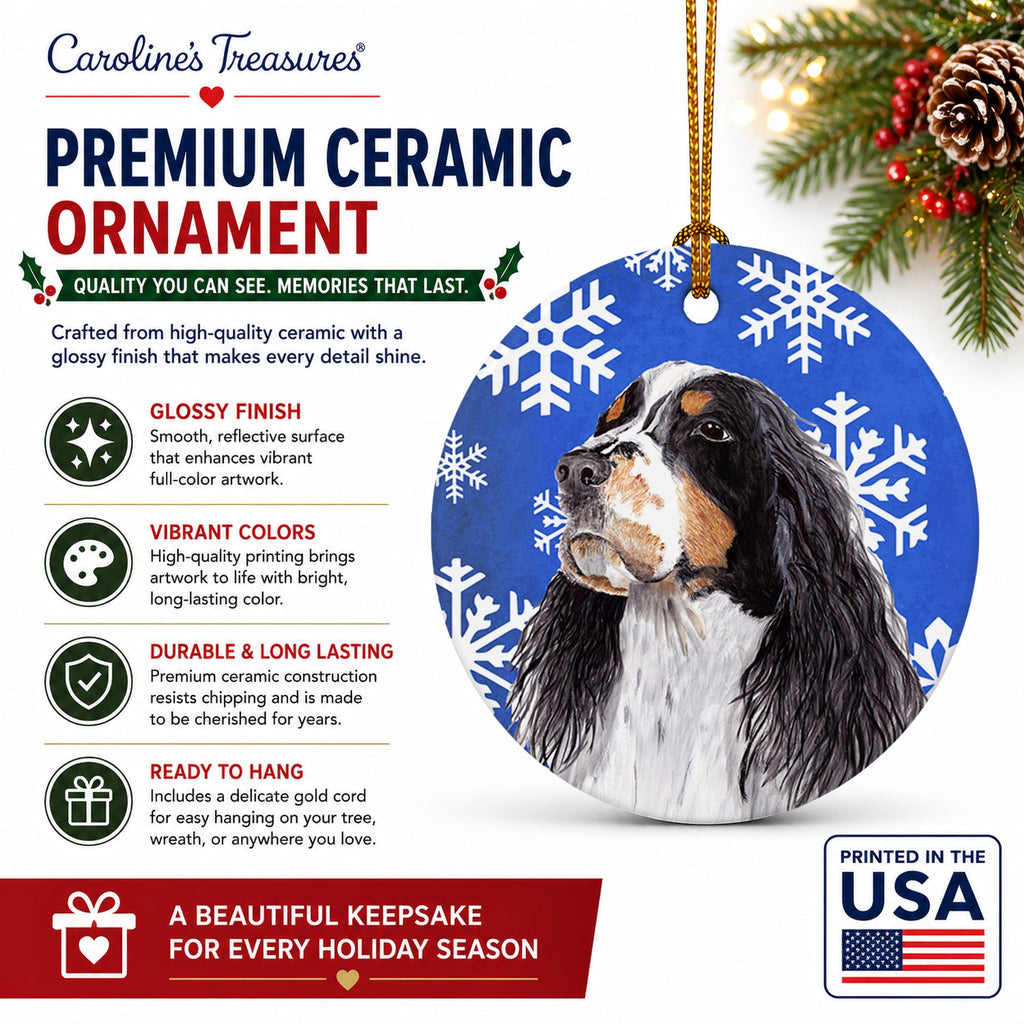 Springer Spaniel Winter Snowflakes Holiday Ceramic Ornament Christmas Tree Hanging Decorations for Home Christmas Holiday, Party, Gift, 3 in, Multicolor