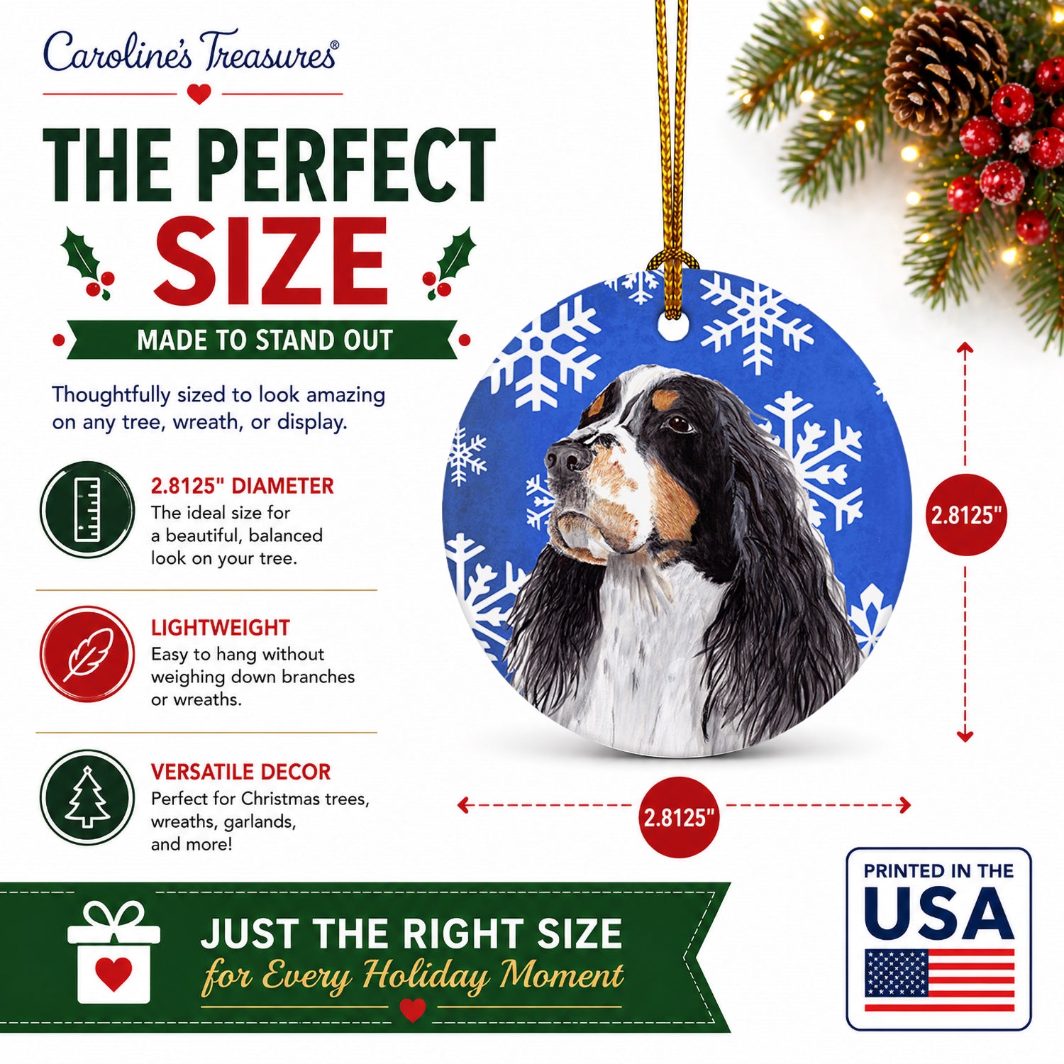 Springer Spaniel Winter Snowflakes Holiday Ceramic Ornament Christmas Tree Hanging Decorations for Home Christmas Holiday, Party, Gift, 3 in, Multicolor