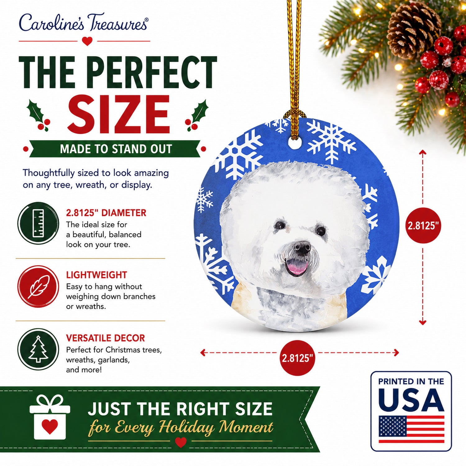 Bichon Frise Winter Snowflakes Holiday Ceramic Ornament Christmas Tree Hanging Decorations for Home Christmas Holiday, Party, Gift, 3 in, Multicolor