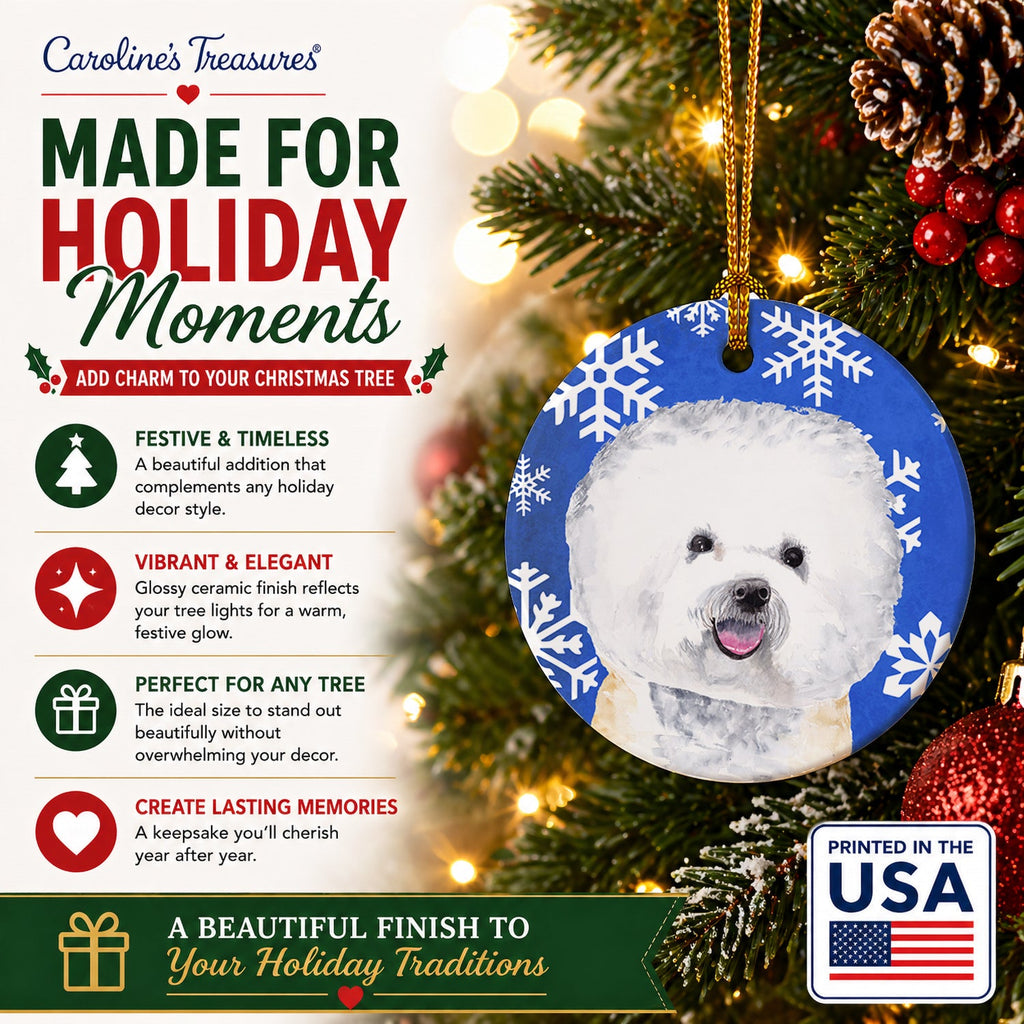 Bichon Frise Winter Snowflakes Holiday Ceramic Ornament Christmas Tree Hanging Decorations for Home Christmas Holiday, Party, Gift, 3 in, Multicolor