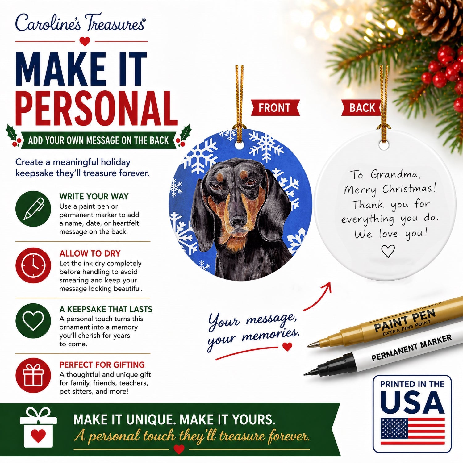 Dachshund Winter Snowflakes Holiday Ceramic Ornament Christmas Tree Hanging Decorations for Home Christmas Holiday, Party, Gift, 3 in, Multicolor