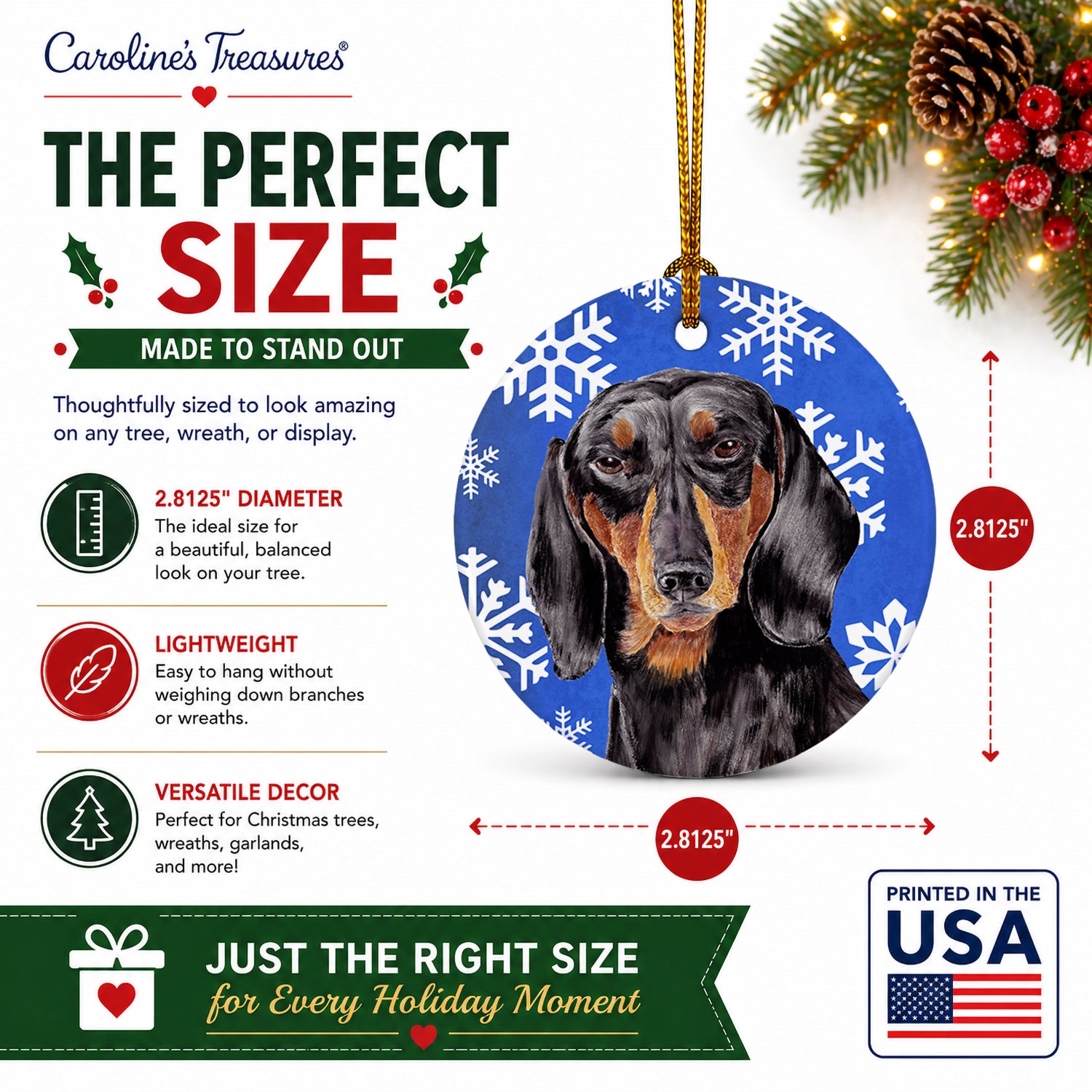 Dachshund Winter Snowflakes Holiday Ceramic Ornament Christmas Tree Hanging Decorations for Home Christmas Holiday, Party, Gift, 3 in, Multicolor