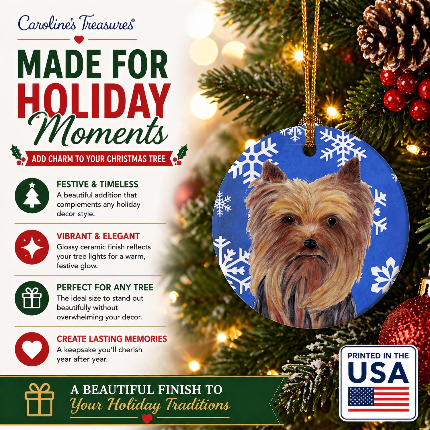 Yorkie Winter Snowflakes Holiday Ceramic Ornament Christmas Tree Hanging Decorations for Home Christmas Holiday, Party, Gift, 3 in, Multicolor