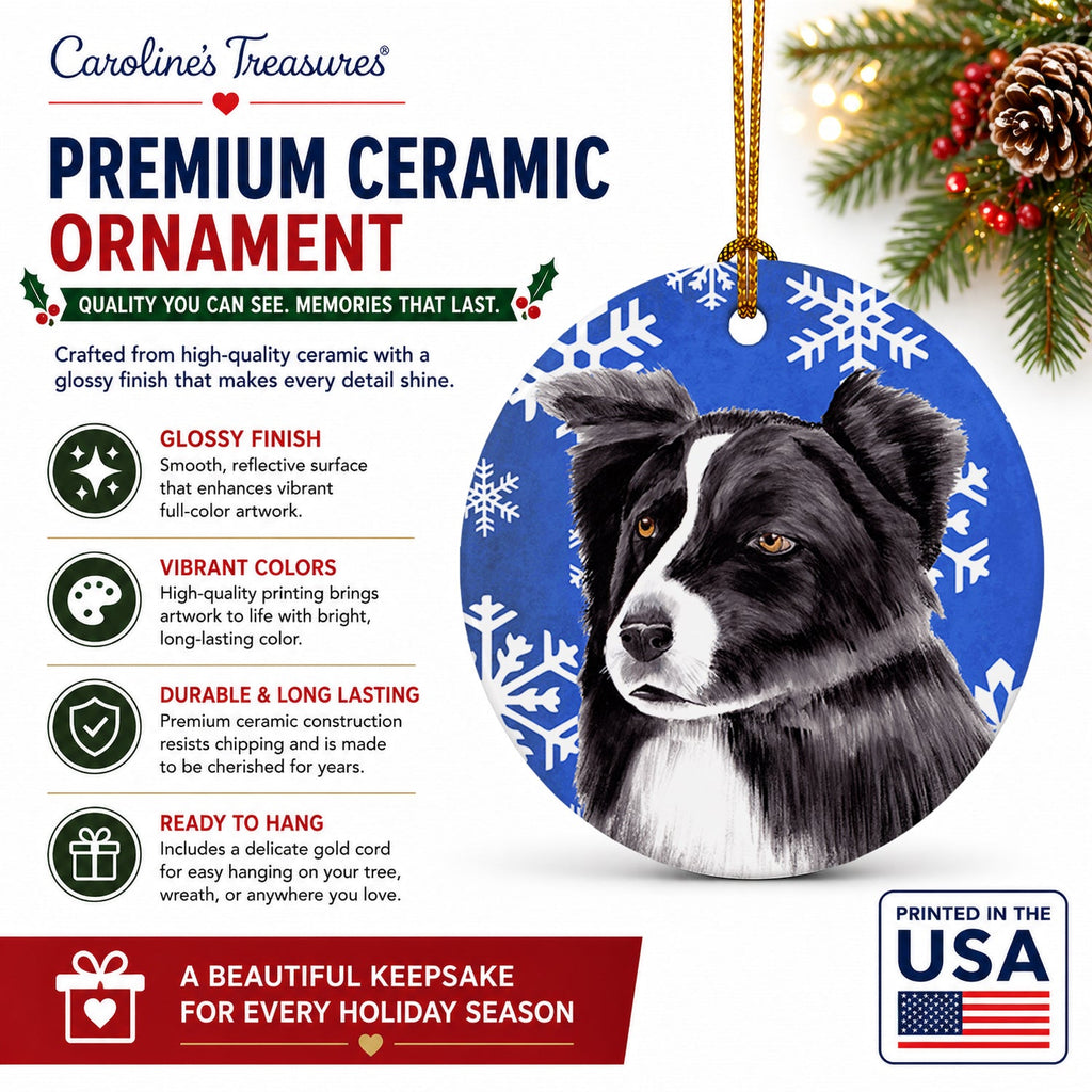 Border Collie Winter Snowflakes Holiday Ceramic Ornament Christmas Tree Hanging Decorations for Home Christmas Holiday, Party, Gift, 3 in, Multicolor