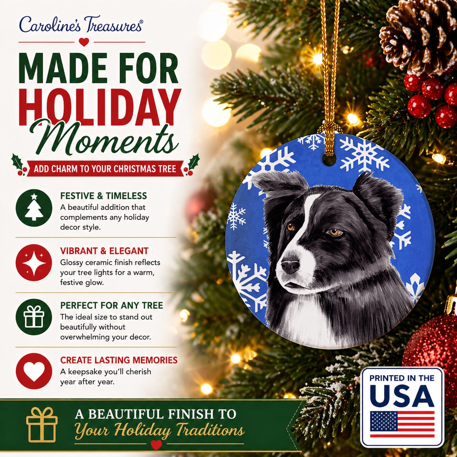 Border Collie Winter Snowflakes Holiday Ceramic Ornament Christmas Tree Hanging Decorations for Home Christmas Holiday, Party, Gift, 3 in, Multicolor