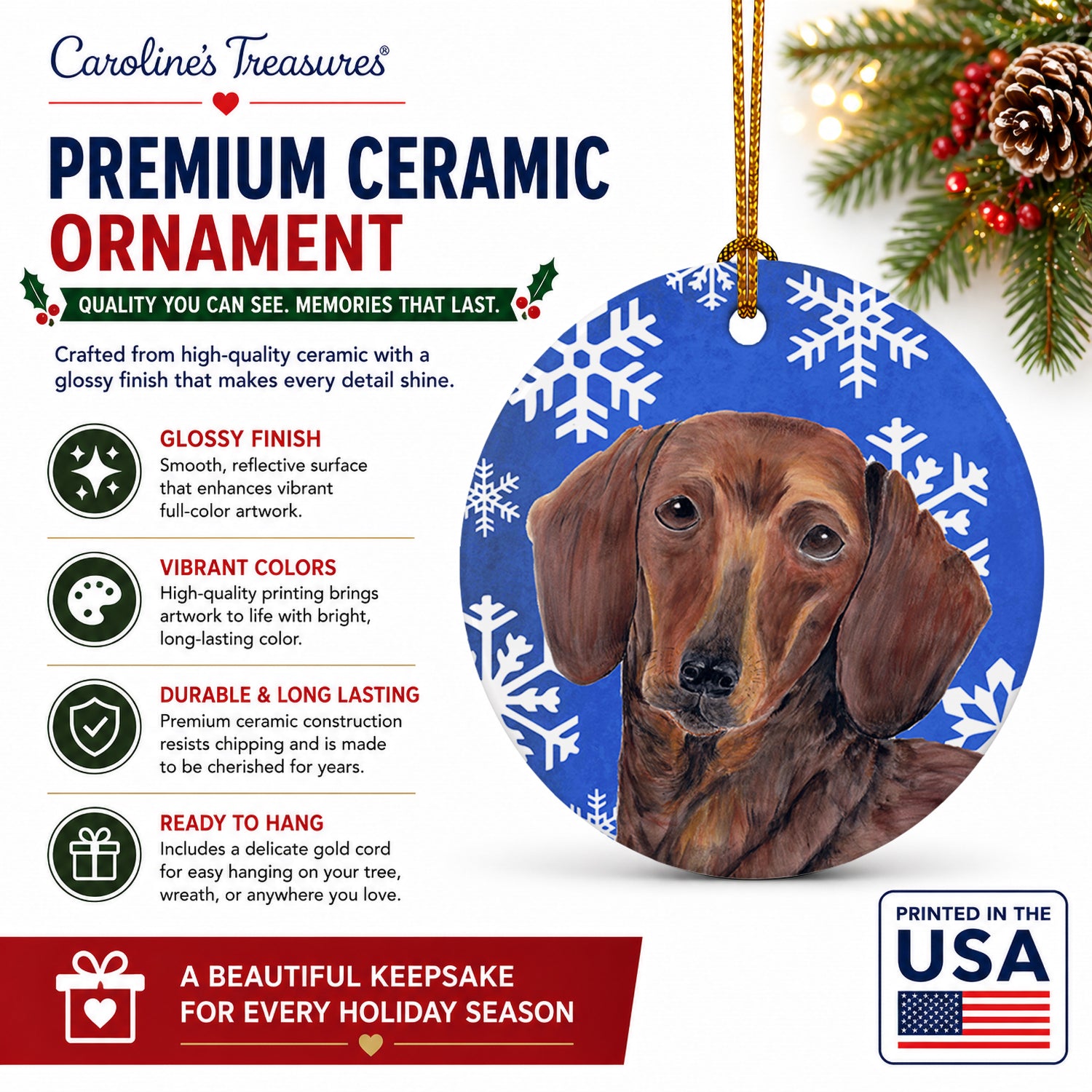 Dachshund Winter Snowflakes Holiday Ceramic Ornament Christmas Tree Hanging Decorations for Home Christmas Holiday, Party, Gift, 3 in, Multicolor