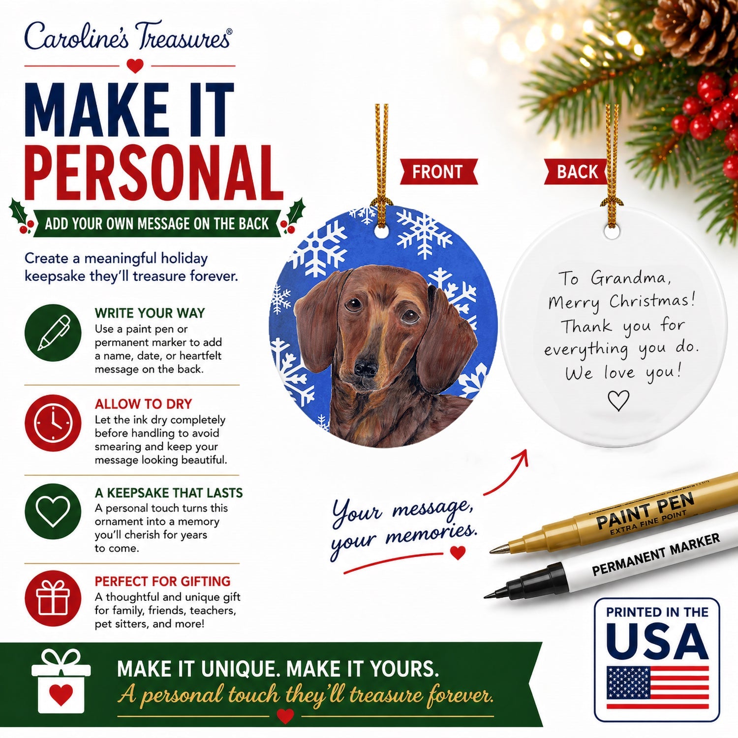 Dachshund Winter Snowflakes Holiday Ceramic Ornament Christmas Tree Hanging Decorations for Home Christmas Holiday, Party, Gift, 3 in, Multicolor