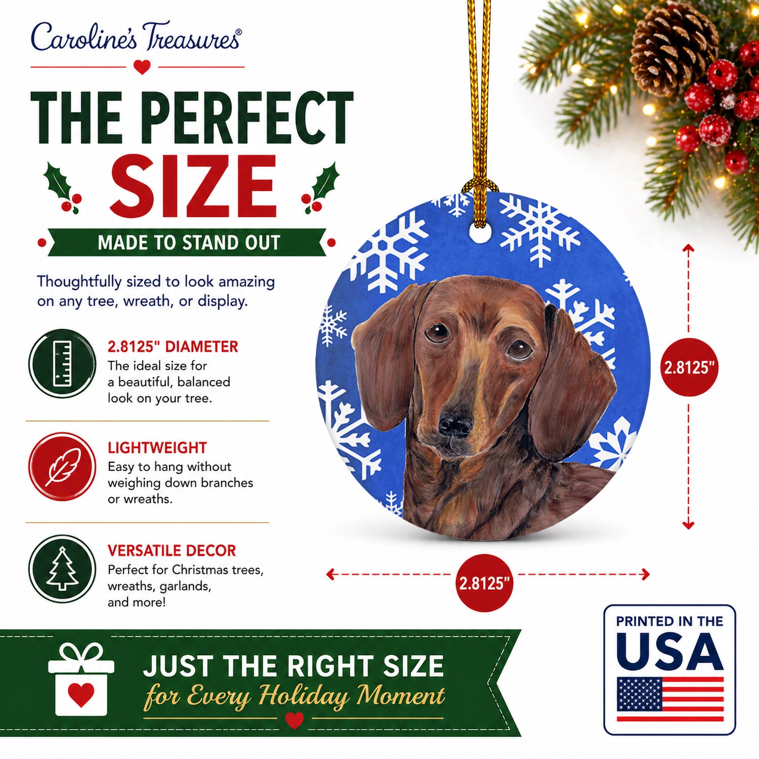Dachshund Winter Snowflakes Holiday Ceramic Ornament Christmas Tree Hanging Decorations for Home Christmas Holiday, Party, Gift, 3 in, Multicolor