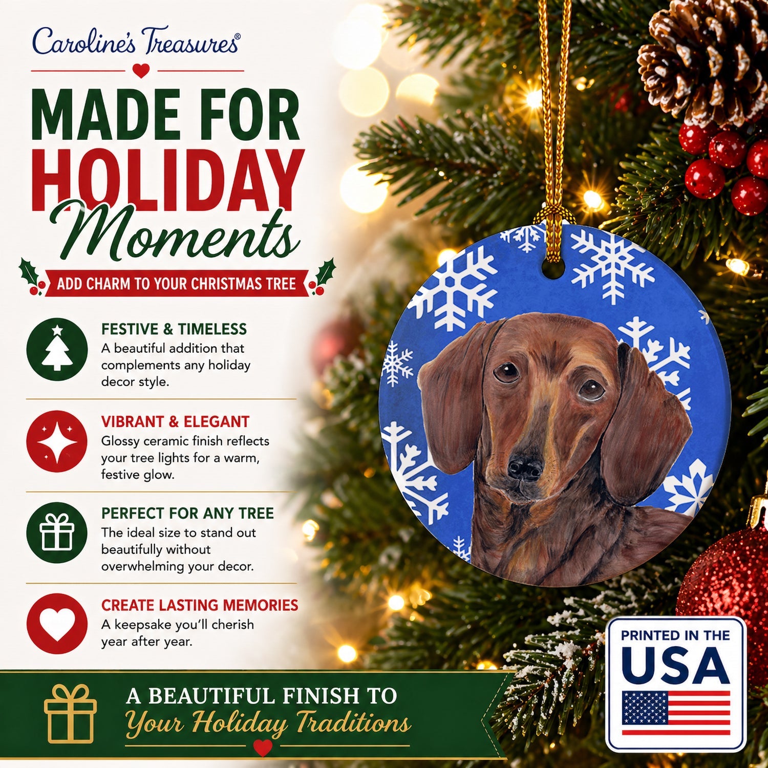 Dachshund Winter Snowflakes Holiday Ceramic Ornament Christmas Tree Hanging Decorations for Home Christmas Holiday, Party, Gift, 3 in, Multicolor