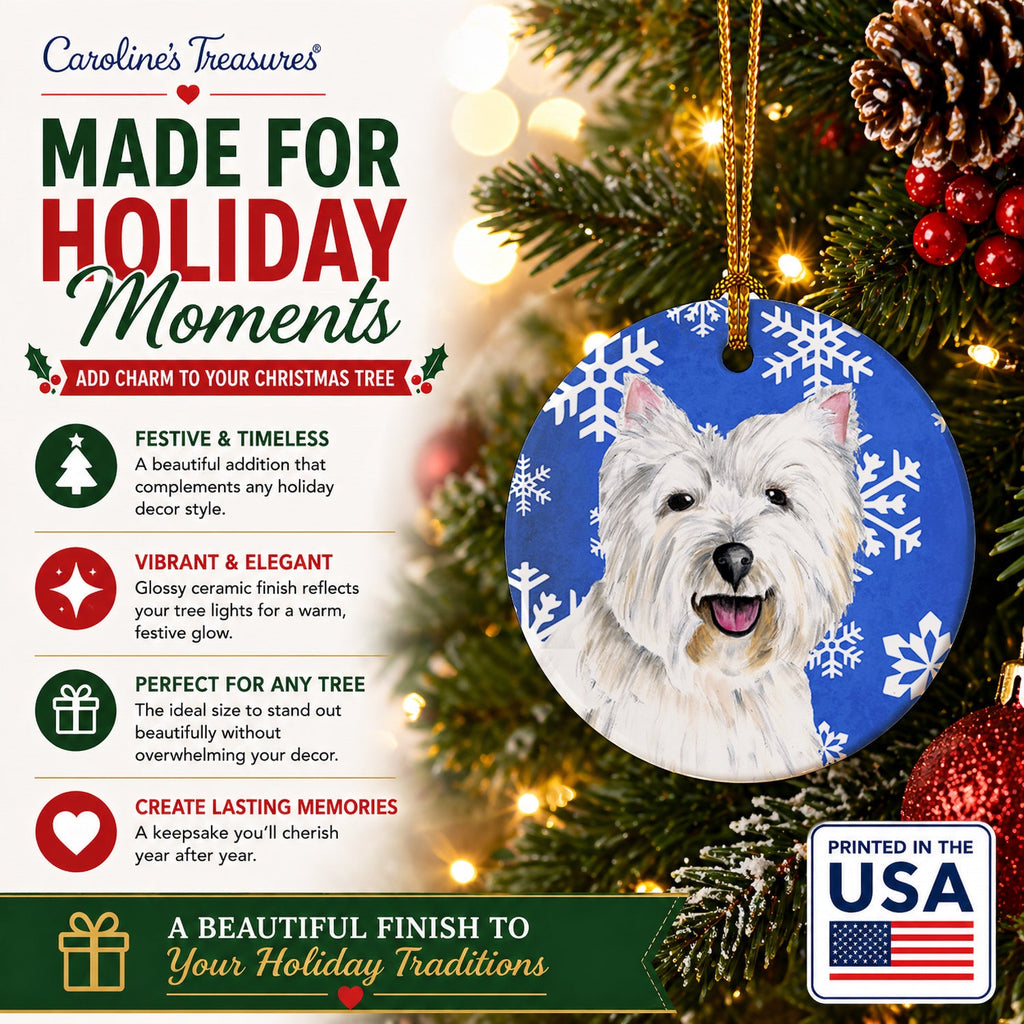Westie Winter Snowflakes Holiday Ceramic Ornament Christmas Tree Hanging Decorations for Home Christmas Holiday, Party, Gift, 3 in, Multicolor