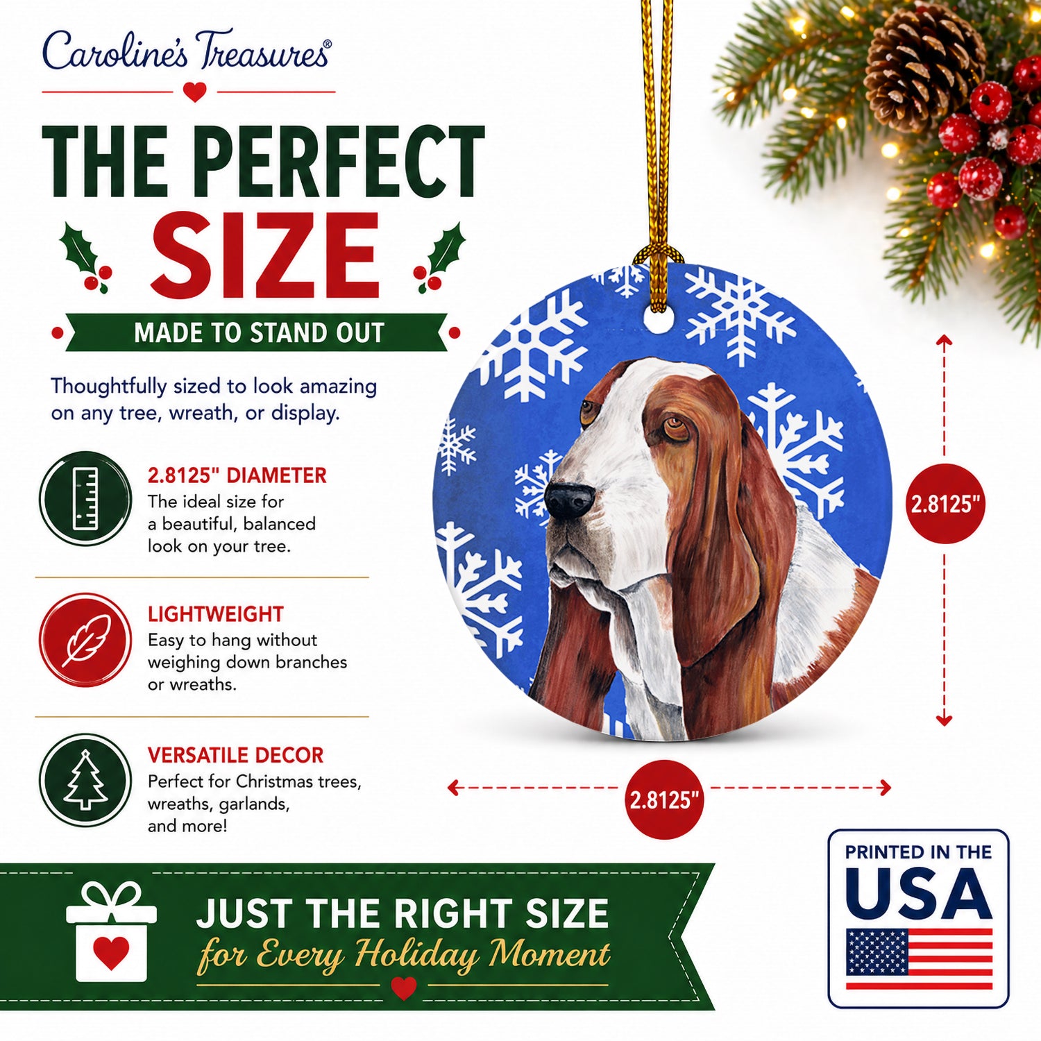 Basset Hound Winter Snowflakes Holiday Ceramic Ornament Christmas Tree Hanging Decorations for Home Christmas Holiday, Party, Gift, 3 in, Multicolor