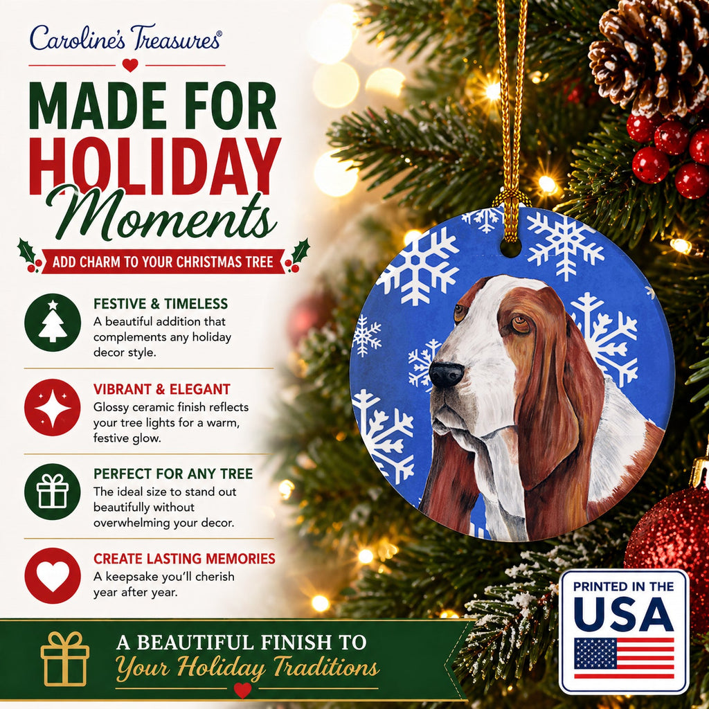 Basset Hound Winter Snowflakes Holiday Ceramic Ornament Christmas Tree Hanging Decorations for Home Christmas Holiday, Party, Gift, 3 in, Multicolor