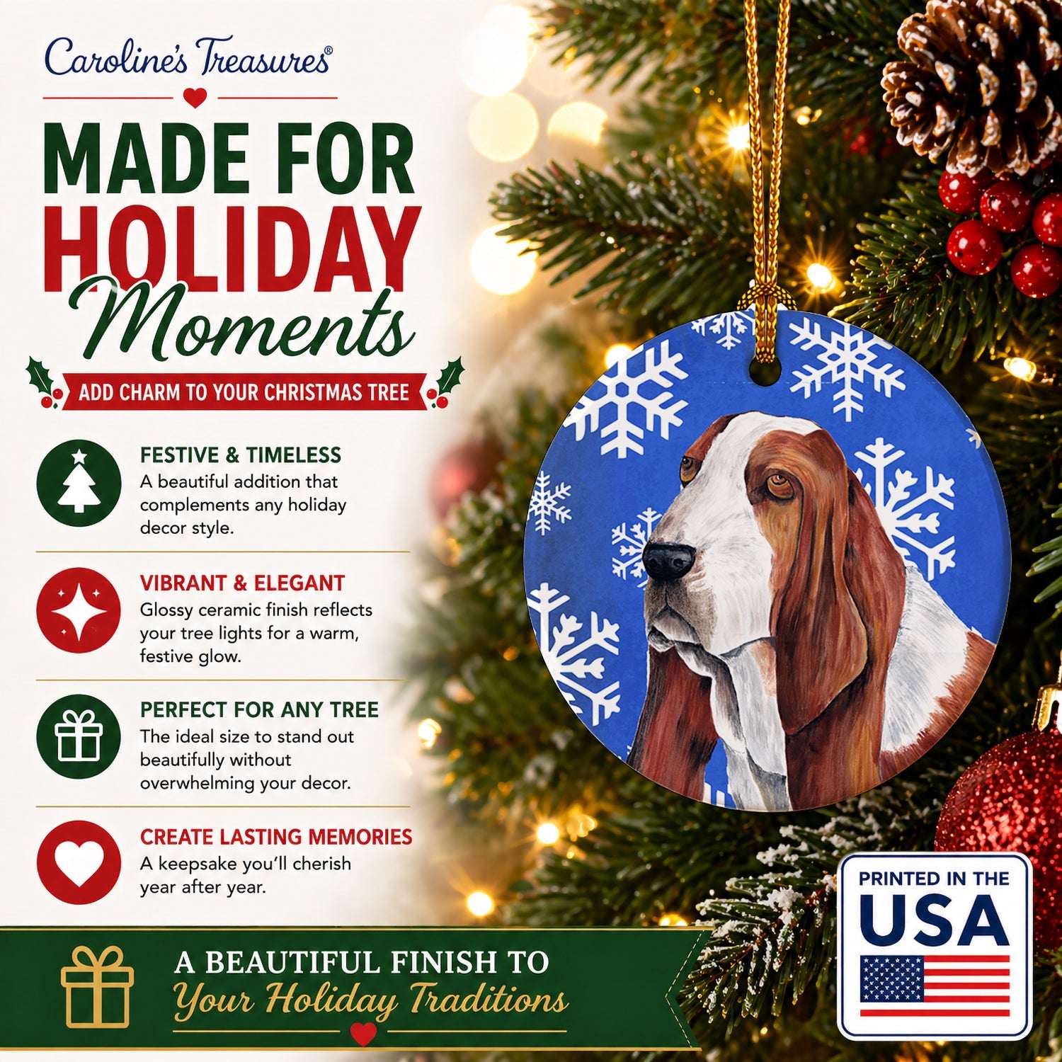 Basset Hound Winter Snowflakes Holiday Ceramic Ornament Christmas Tree Hanging Decorations for Home Christmas Holiday, Party, Gift, 3 in, Multicolor